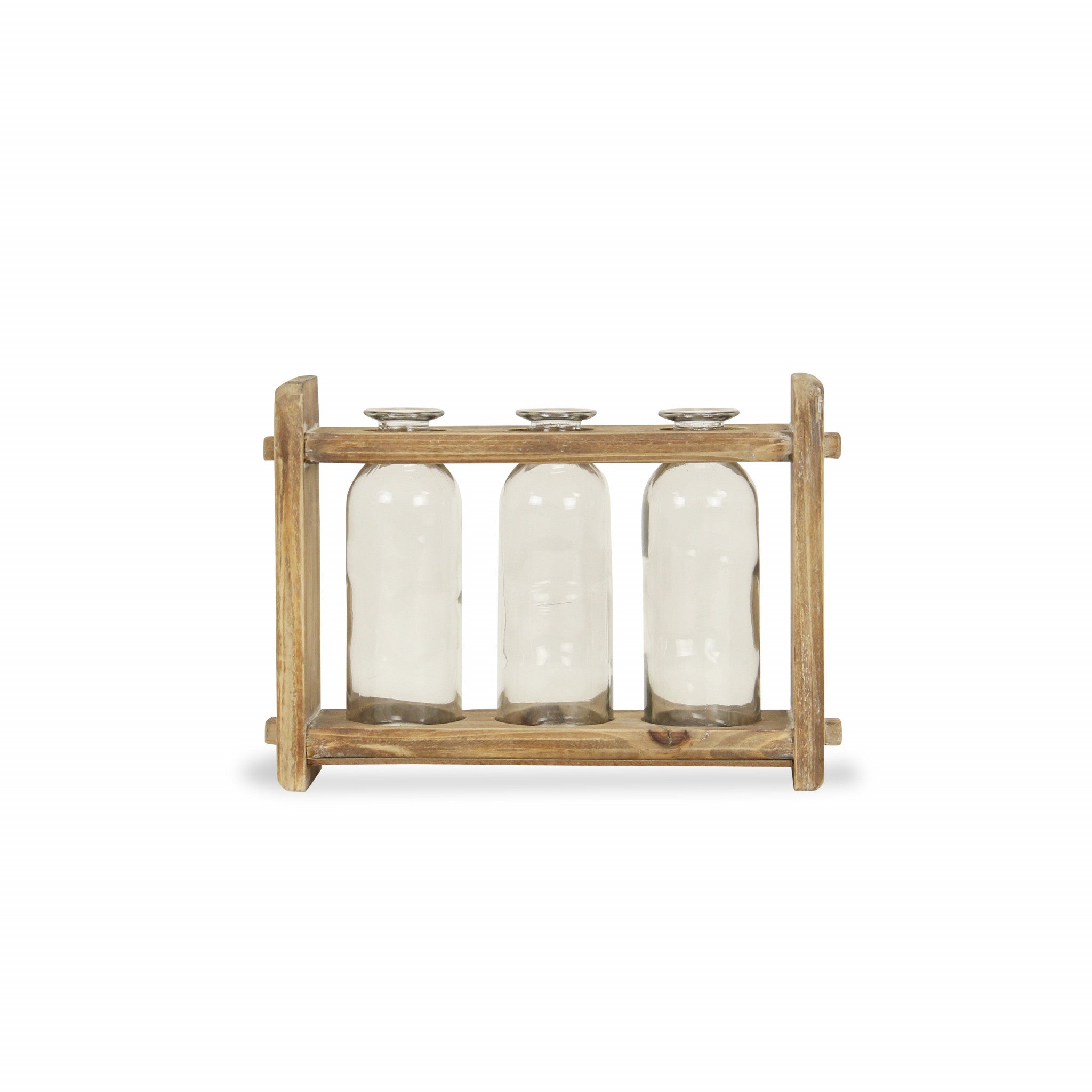 7" Set of Three Glass Jars in a Wood Rack