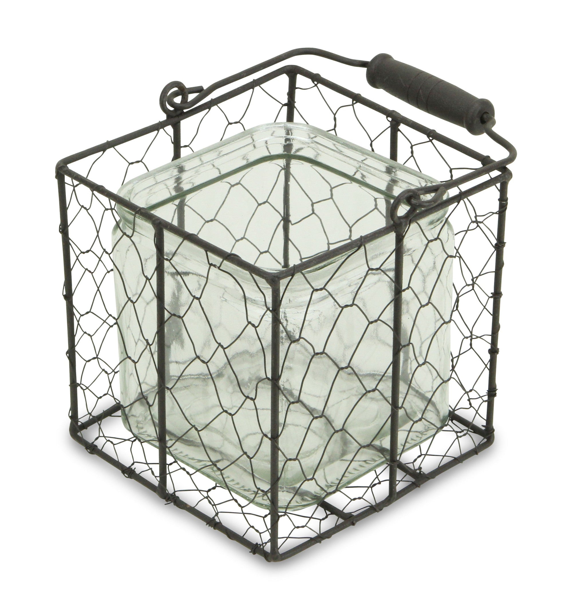 5.5" Brown and Clear Square Wire Basket and Glass Jar