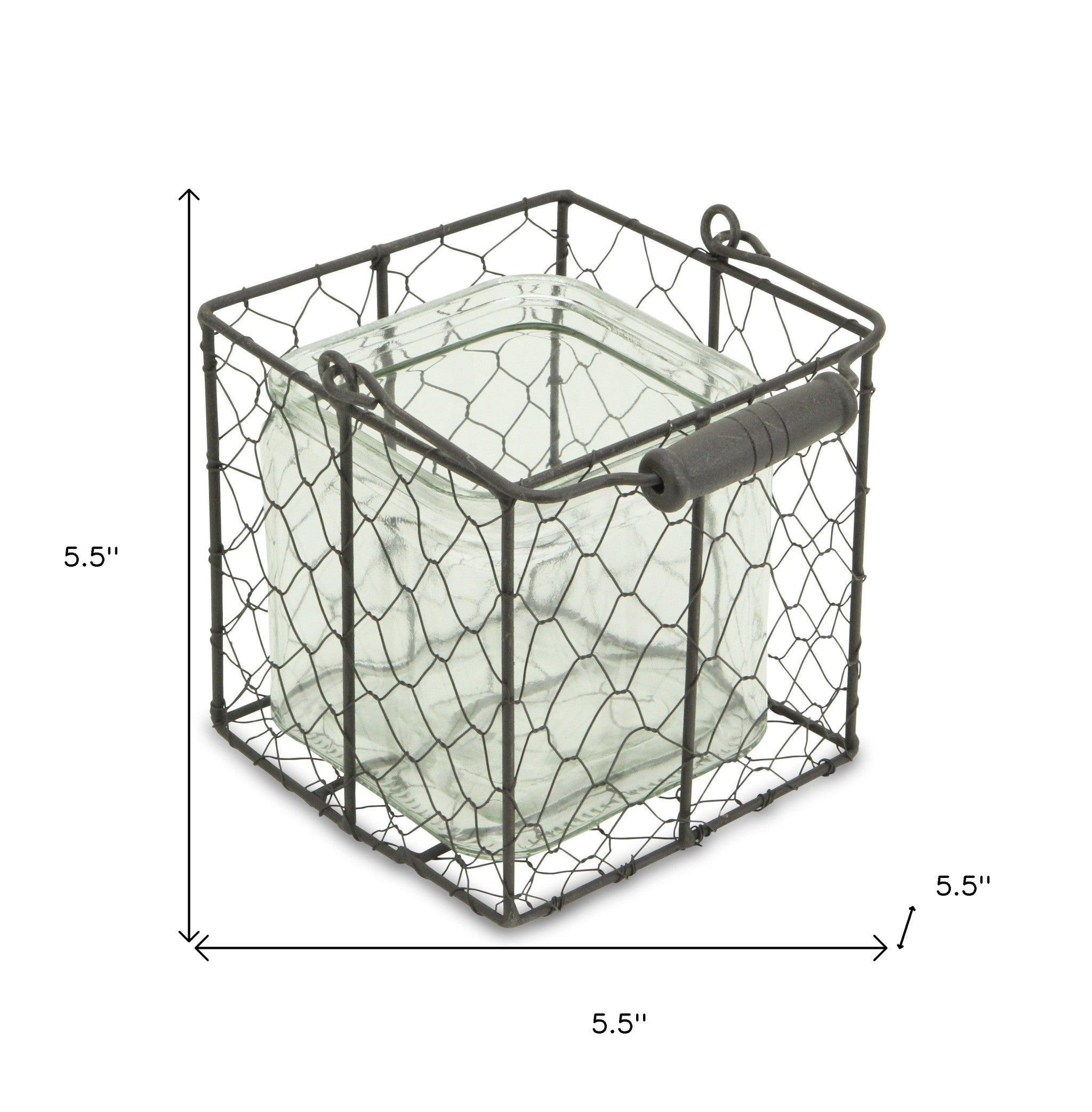 5.5" Brown and Clear Square Wire Basket and Glass Jar