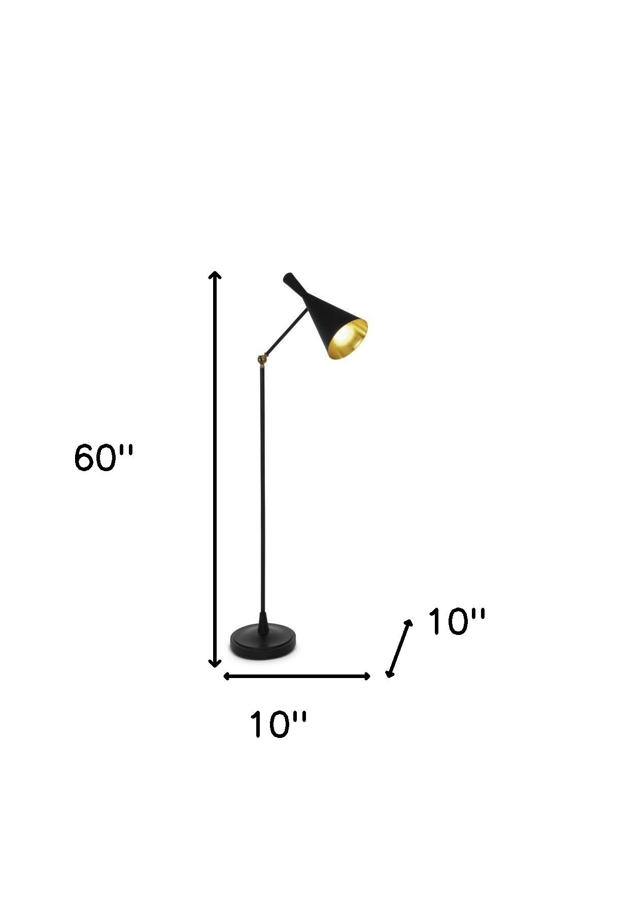 60" Black Adjustable Floor Lamp With Black And Gold Cone Shade