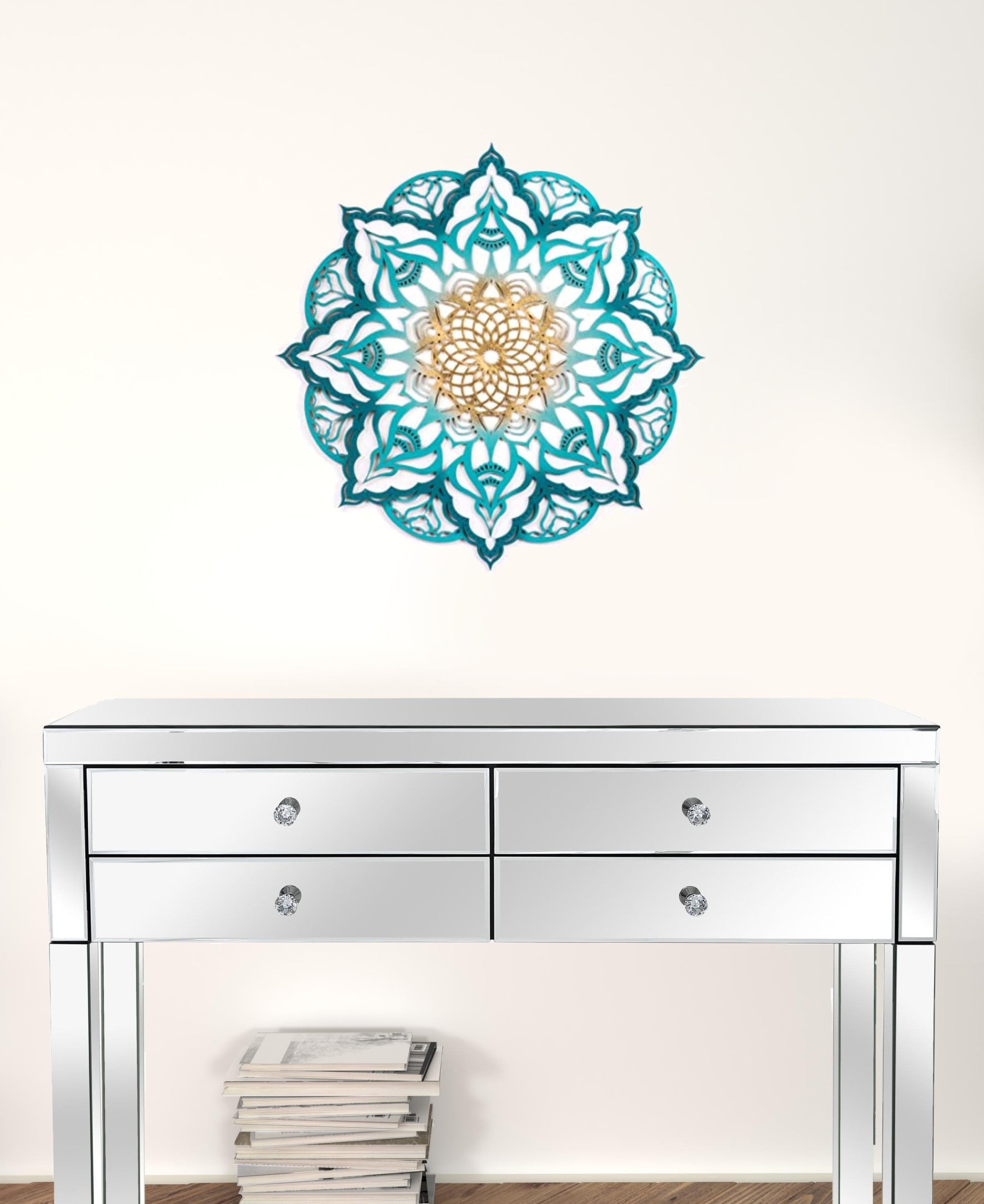 Turquoise And Gold Solid Wood Geometric Mandala Wall Decor