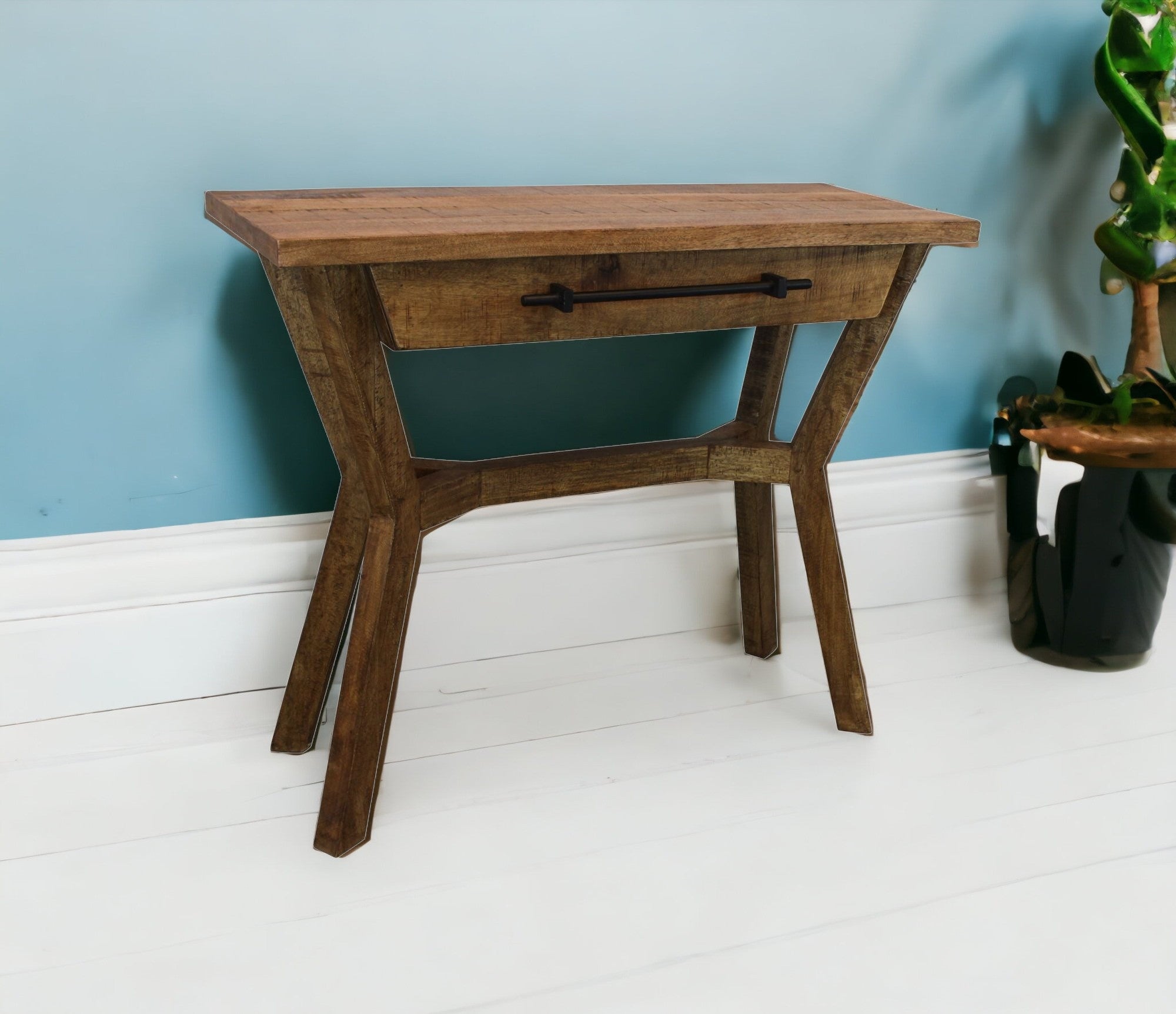 36" Natural Solid Wood Distressed Cross Leg Console Table With Storage