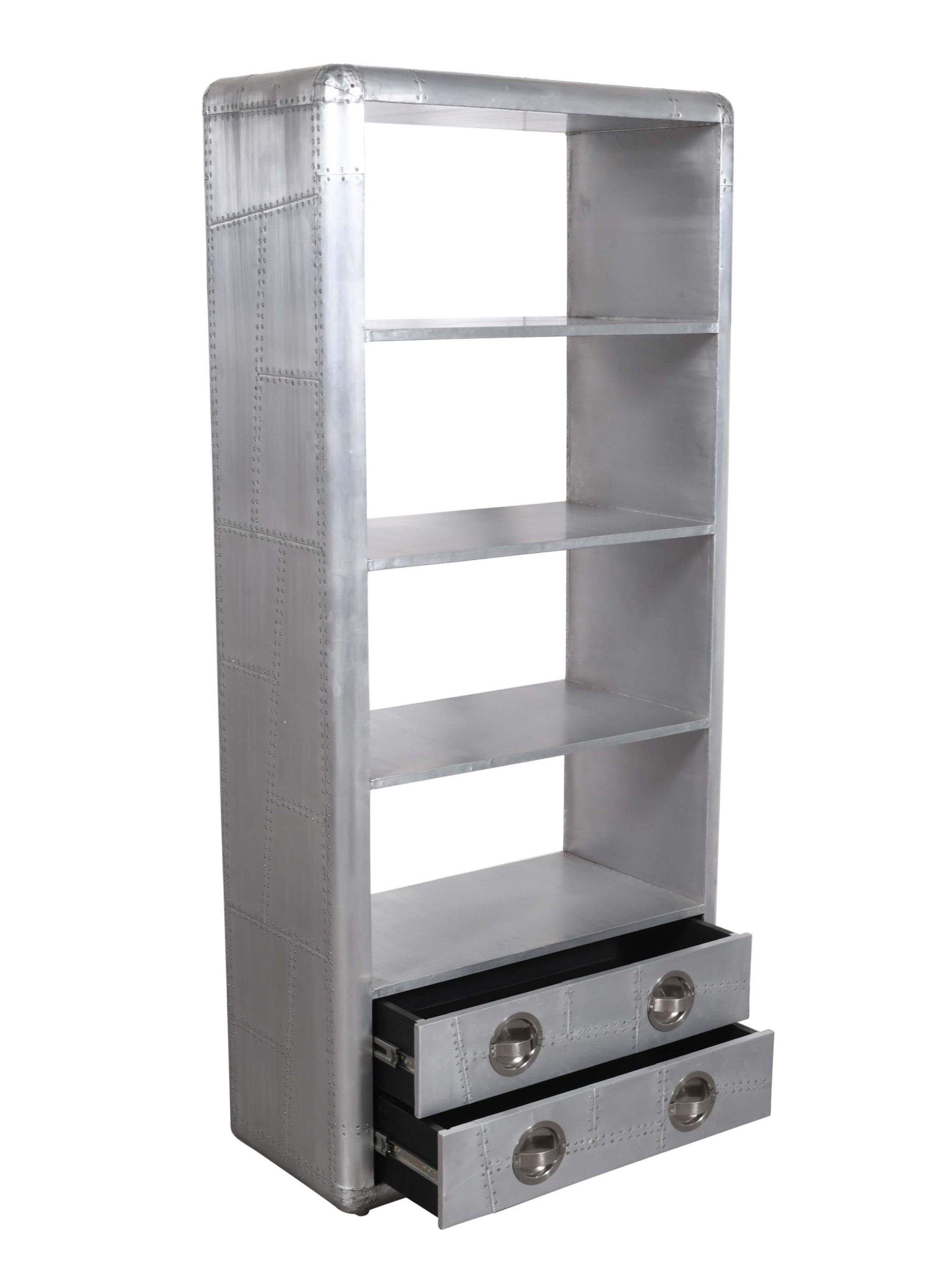 71" Silver Aluminum Four Tier Bookcase with Two Drawers