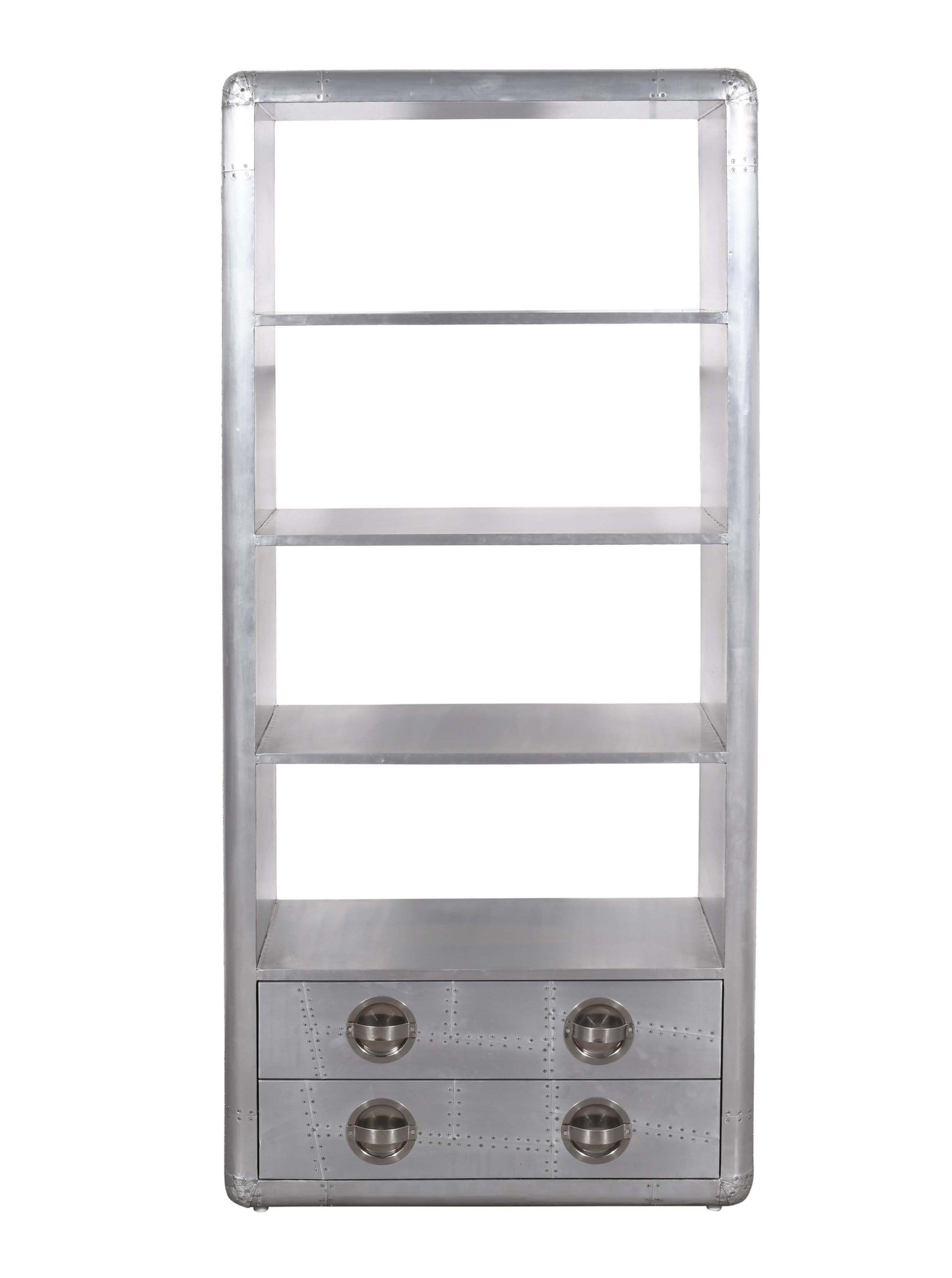 71" Silver Aluminum Four Tier Bookcase with Two Drawers
