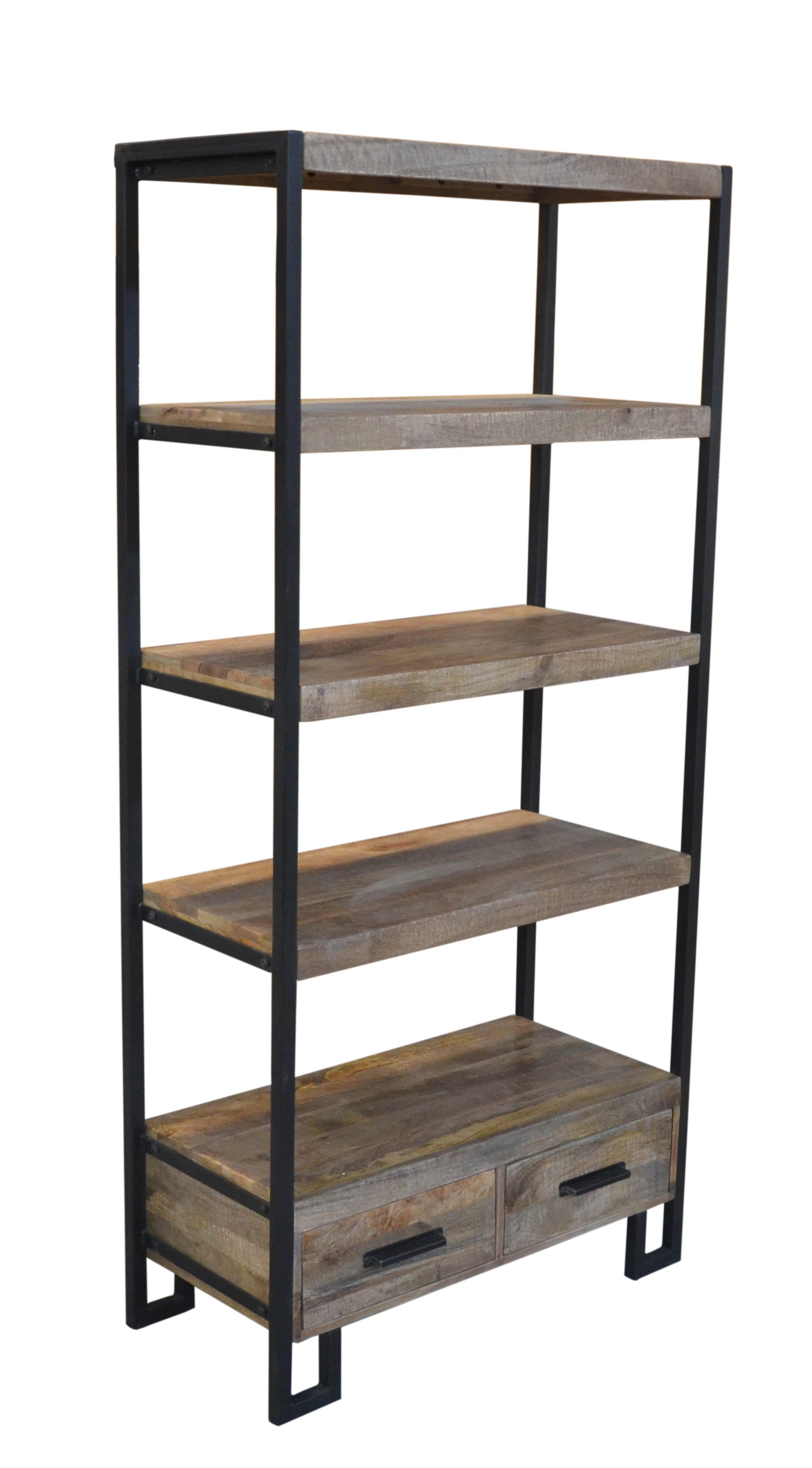 71" Brown Distressed Solid Wood Four Tier Etagere Bookcase with Two Drawers
