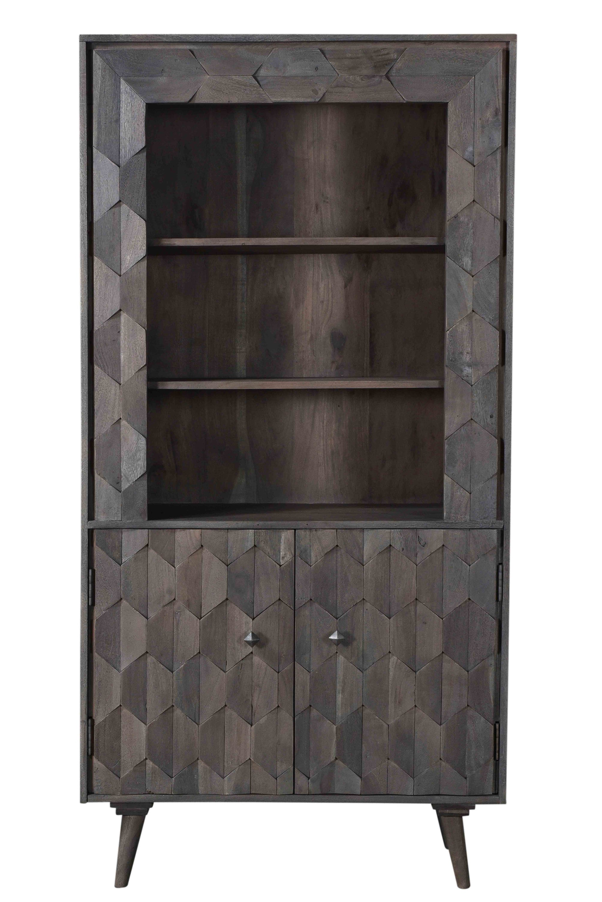 70" Gray Distressed Solid Wood Three Tier Bookcase with Two Doors