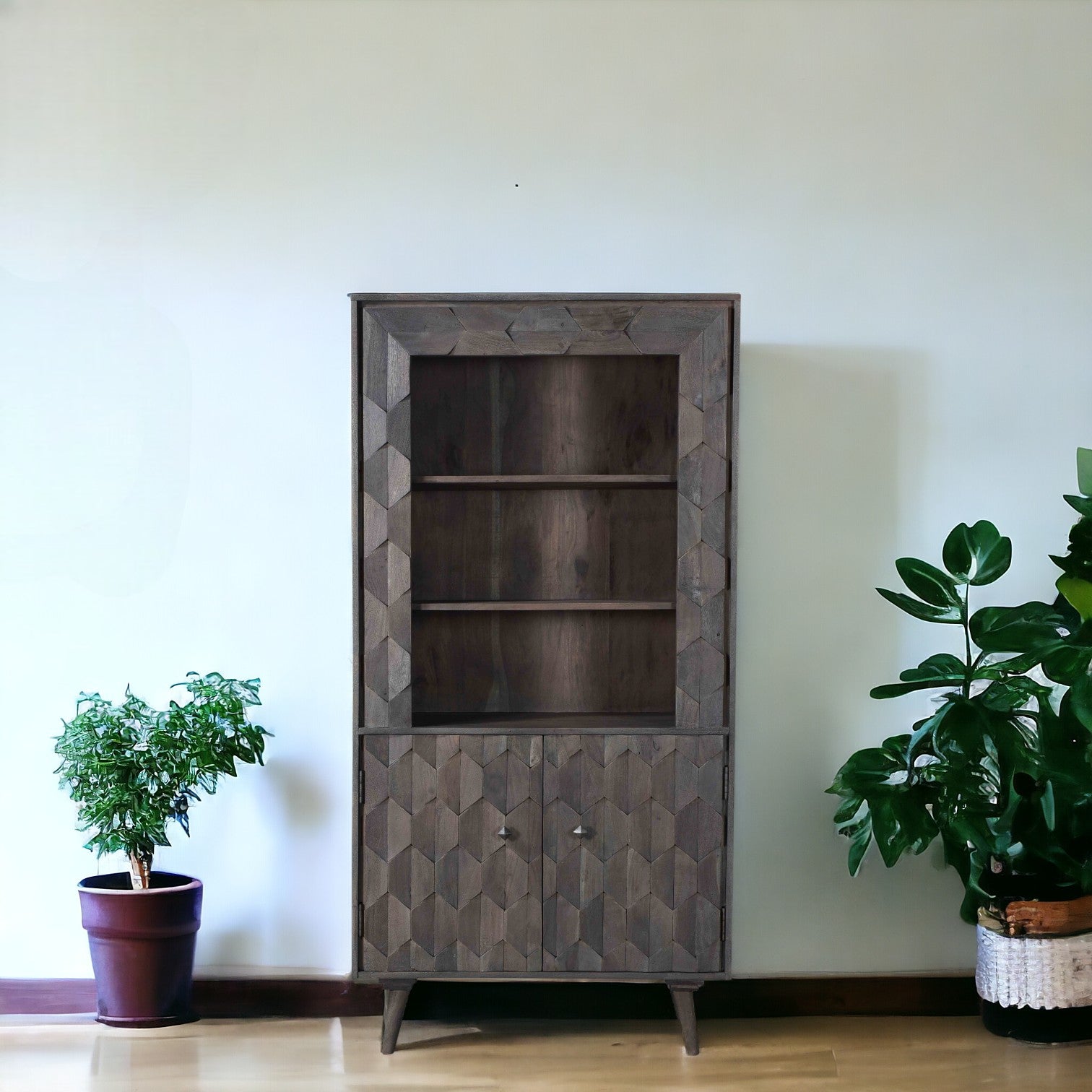 70" Gray Distressed Solid Wood Three Tier Bookcase with Two Doors