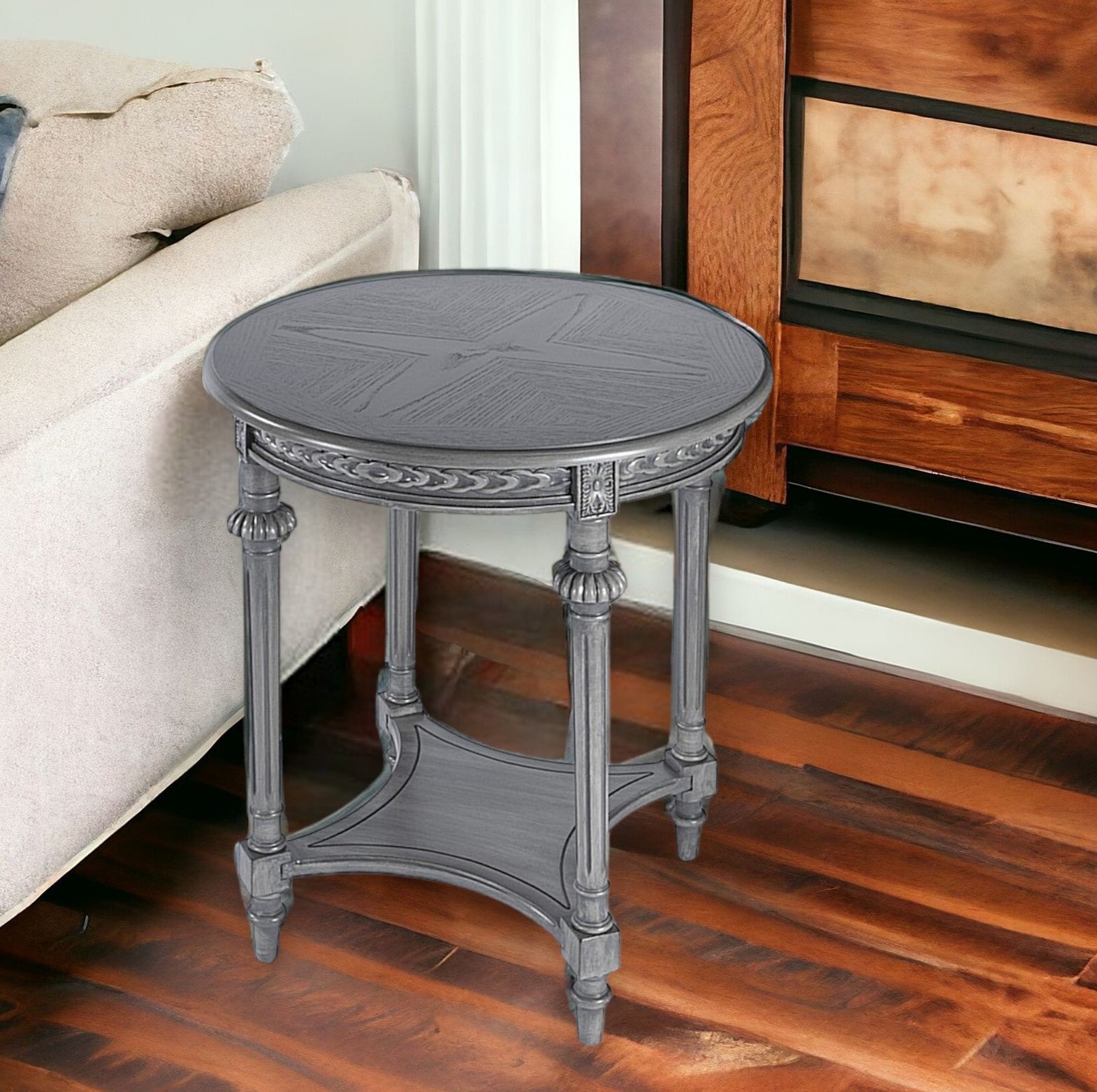 27" Gray Classic Round End Table With Shelf