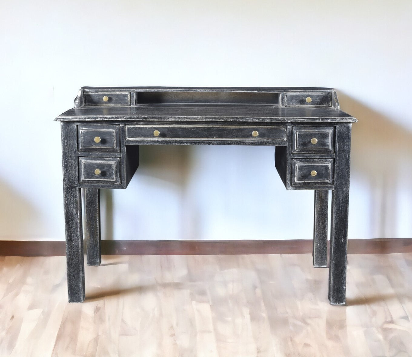 46" Black Mango Solid Wood Computer Desk With Seven Drawers