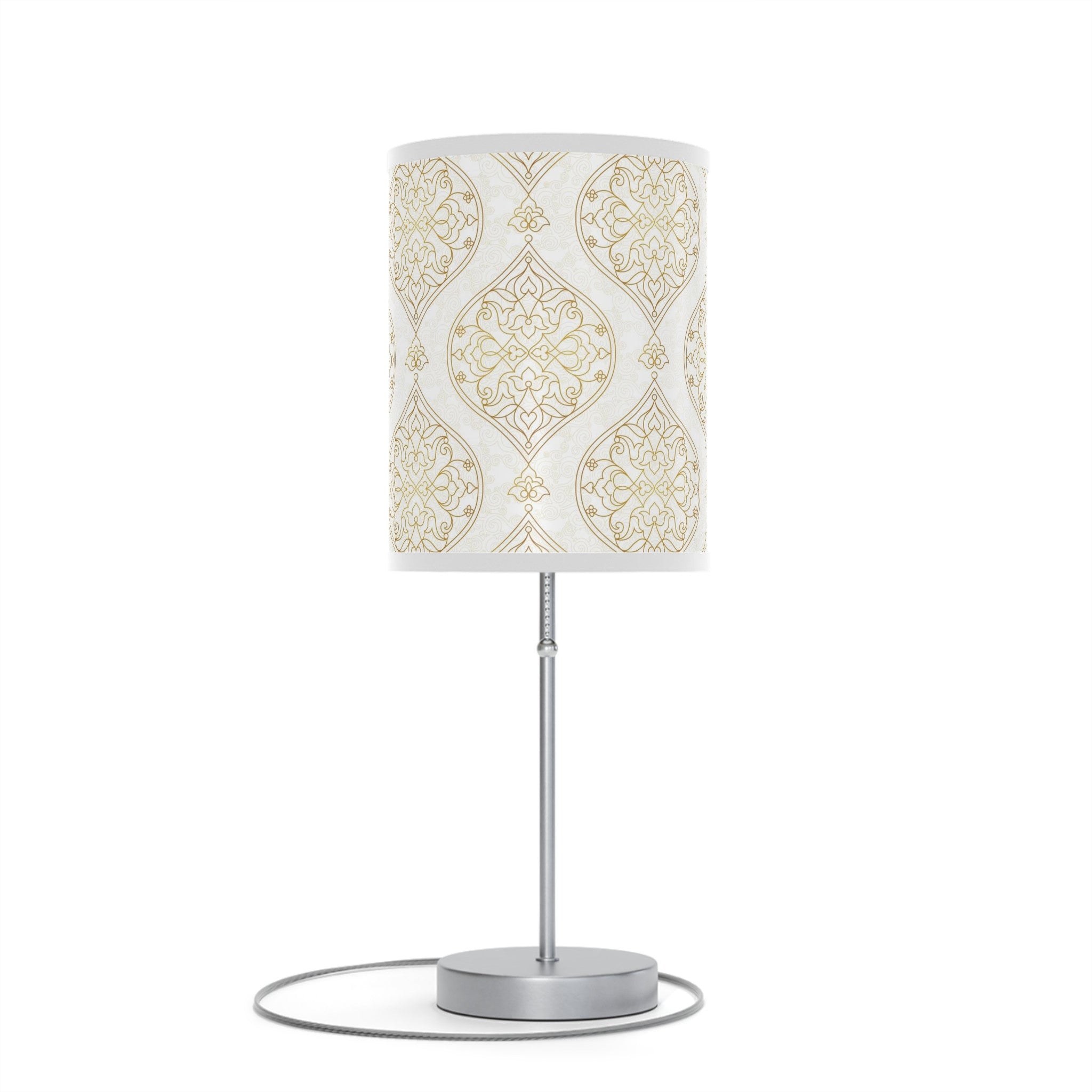 20" Silver Table Lamp With Gold And White Filigree Scroll Cylinder Shade