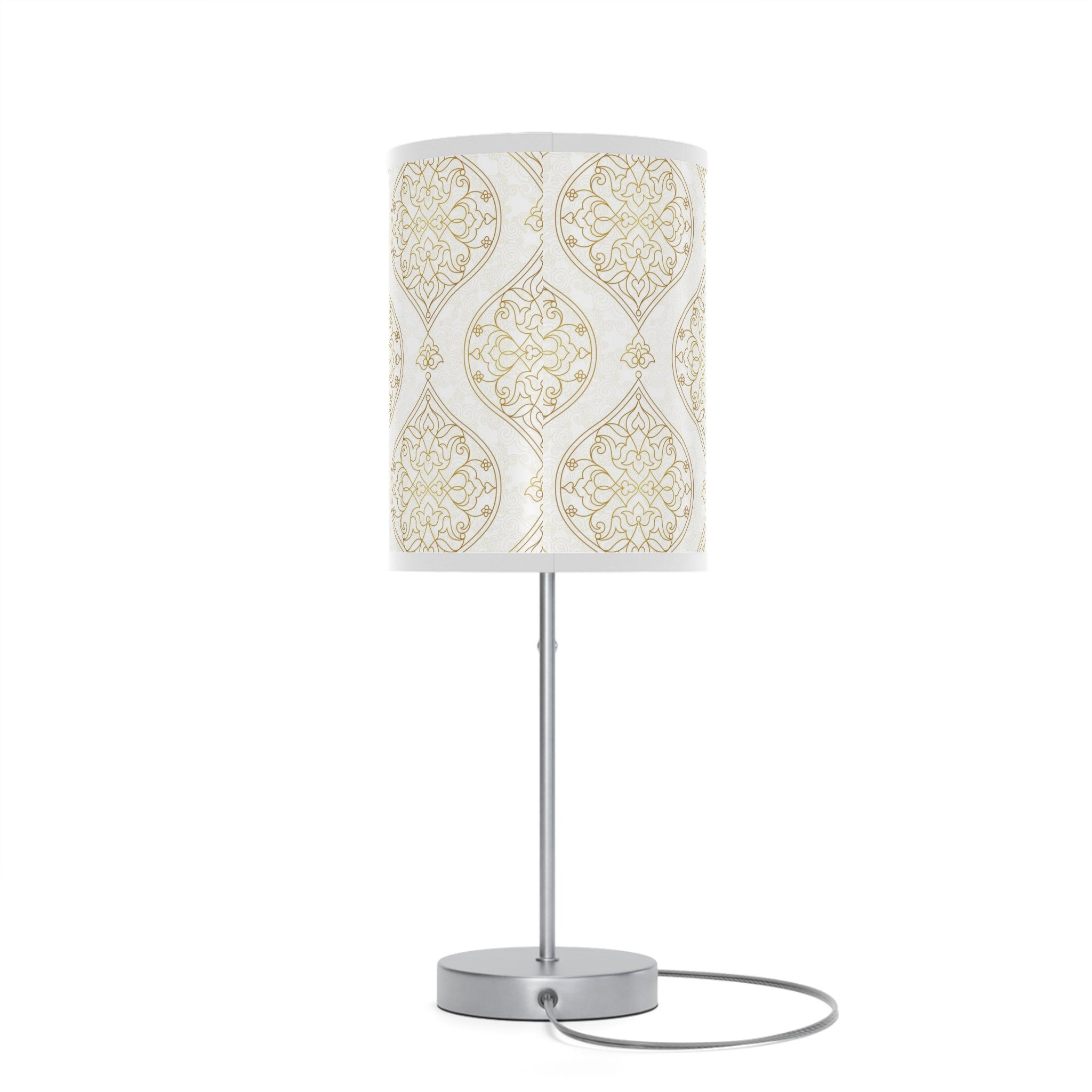 20" Silver Table Lamp With Gold And White Filigree Scroll Cylinder Shade