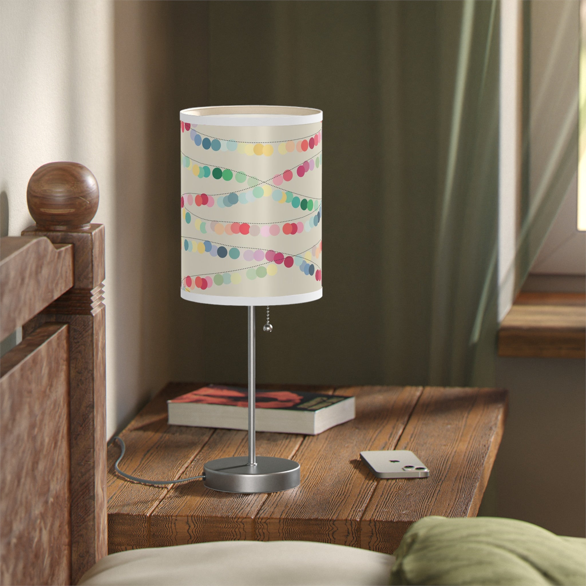 20" Silver Table Lamp With Off White And Festive Multi Color Cylinder Shade