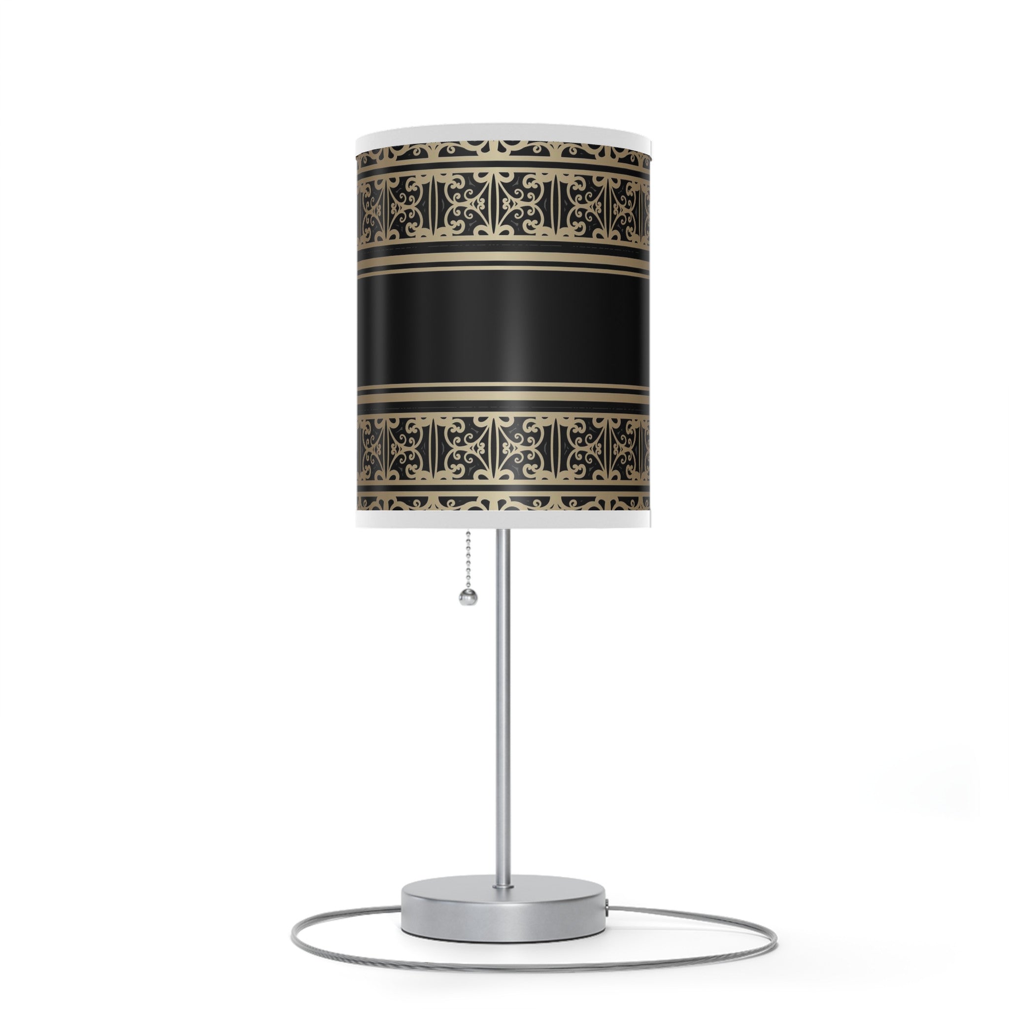 20" Silver Table Lamp With Black And Gold Striped Scroll Cylinder Shade