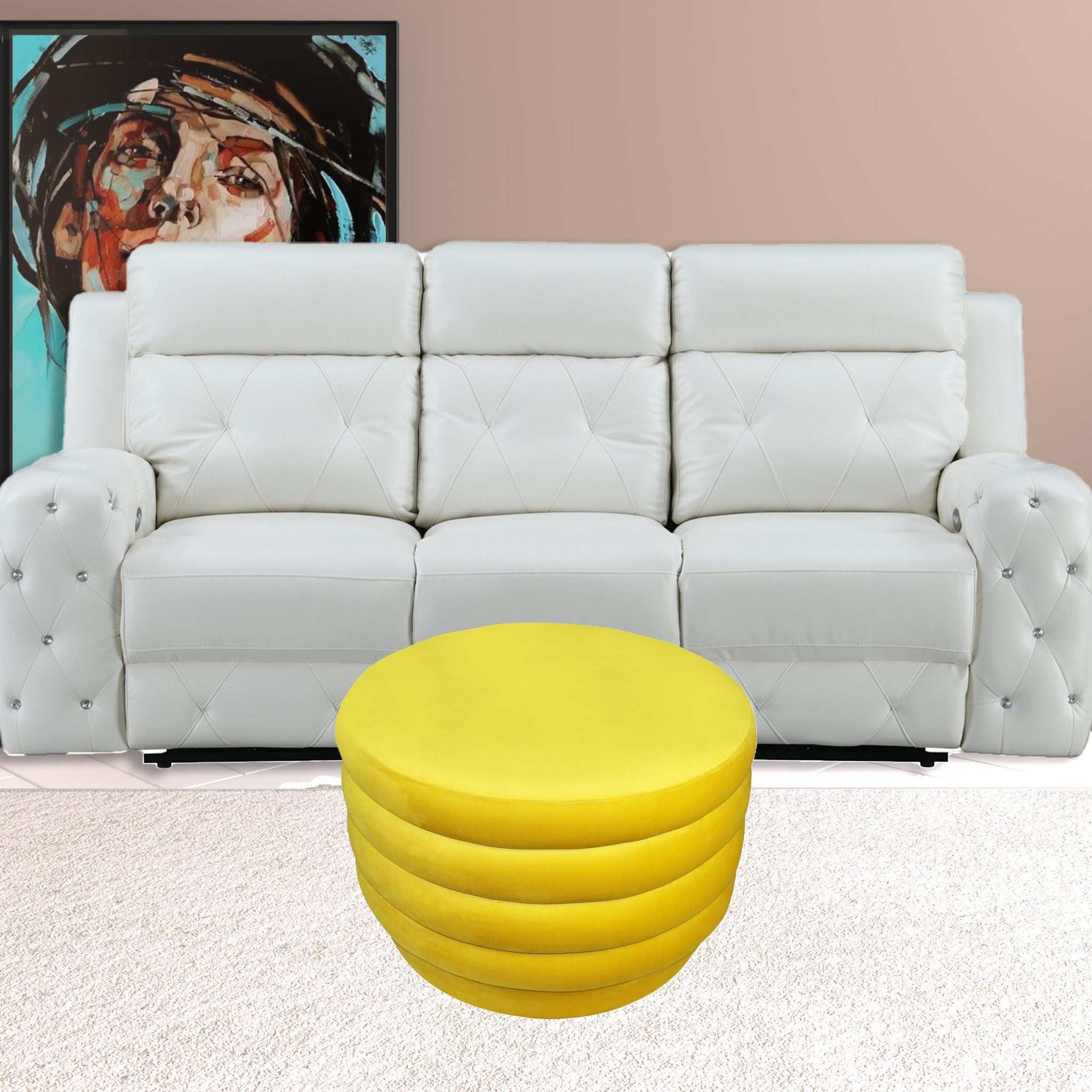 31" Yellow Velvet Tufted Round Cocktail Ottoman