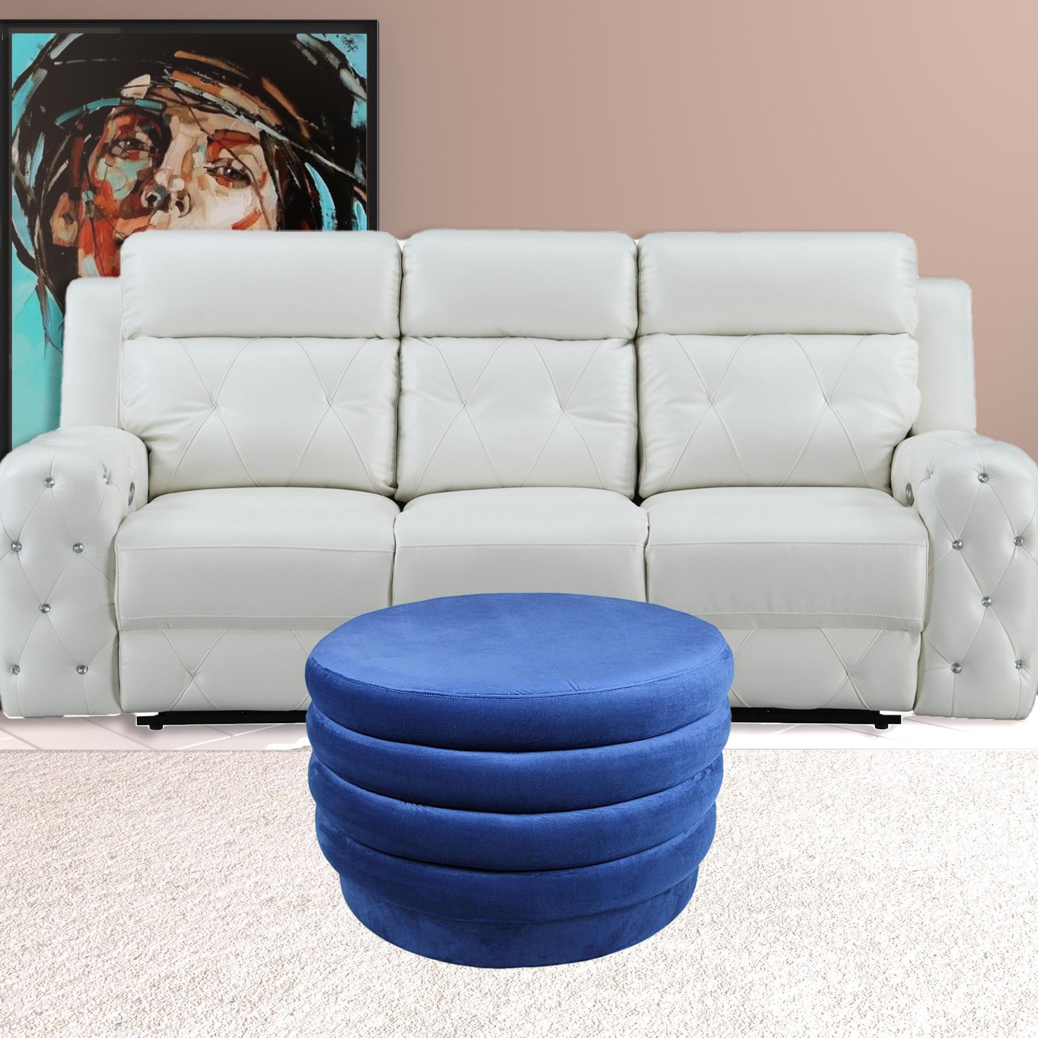 31" Blue Velvet Tufted Round Cocktail Ottoman