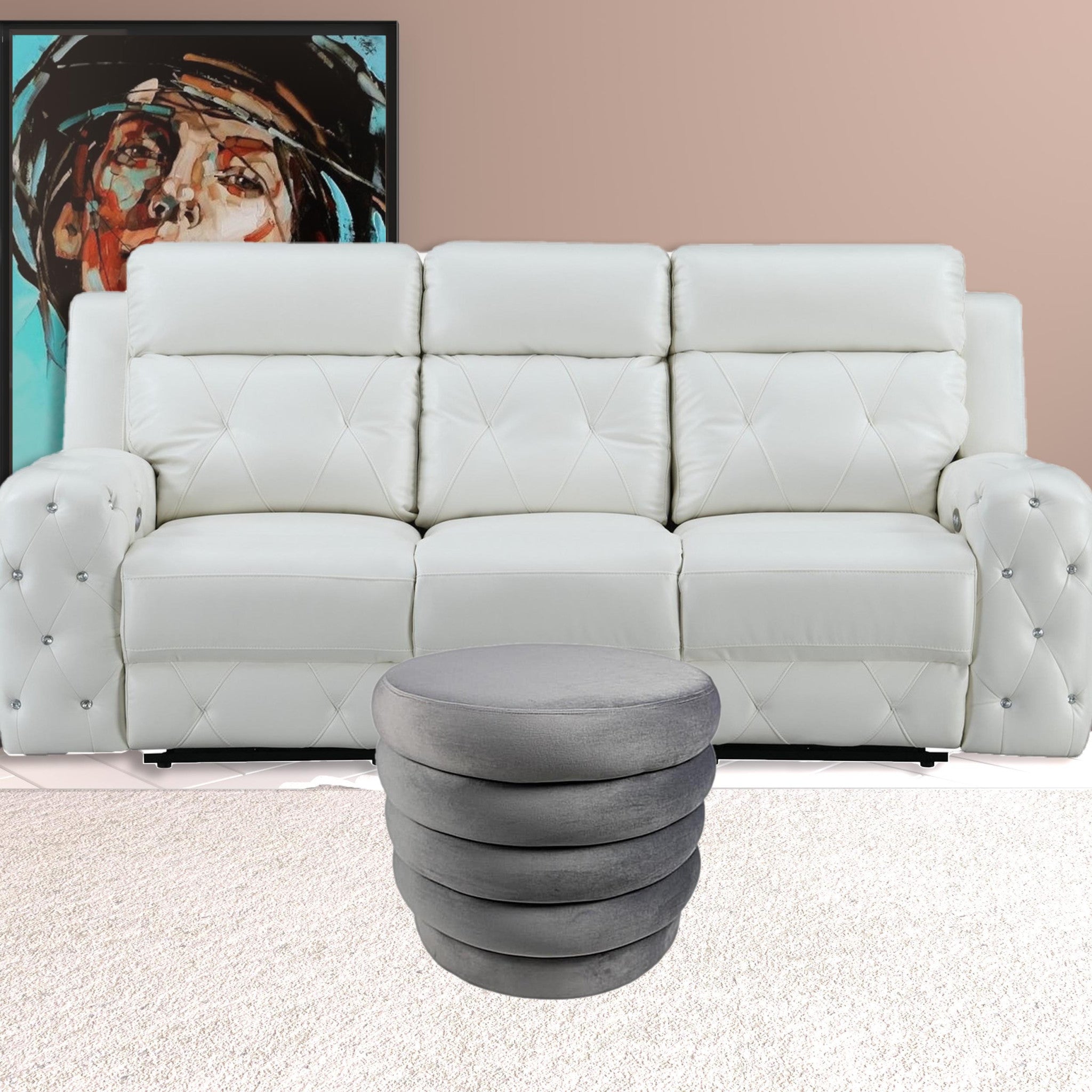 21" Gray Velvet Tufted Round Cocktail Ottoman