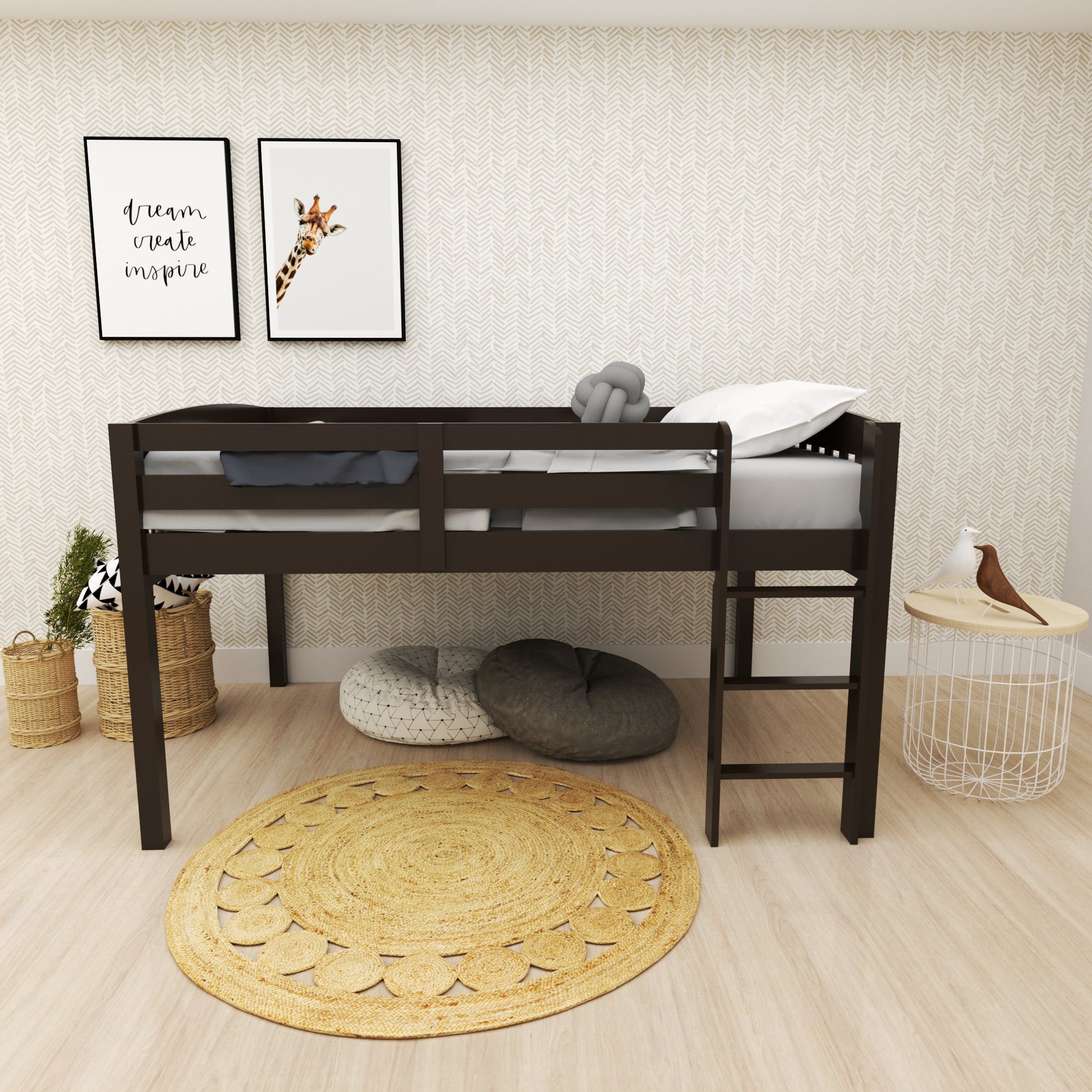 White Solid Wood Full Double Size Low Loft Bed