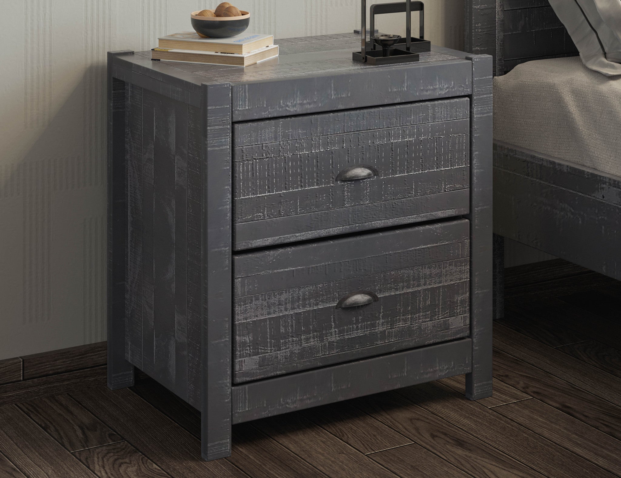 24" Dark Brown Distressed Solid Wood Two Drawer Nightstand