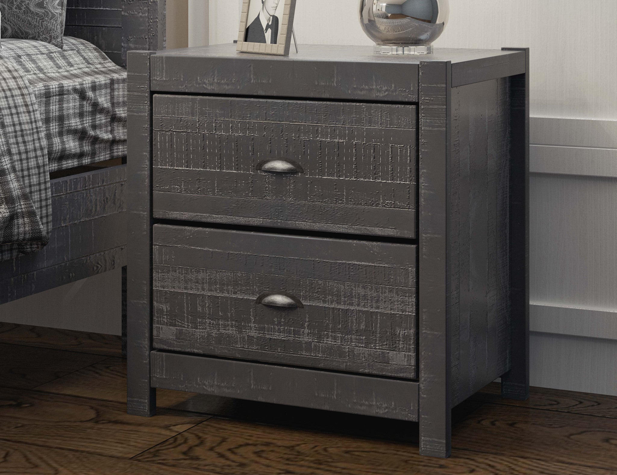 24" Dark Brown Distressed Solid Wood Two Drawer Nightstand