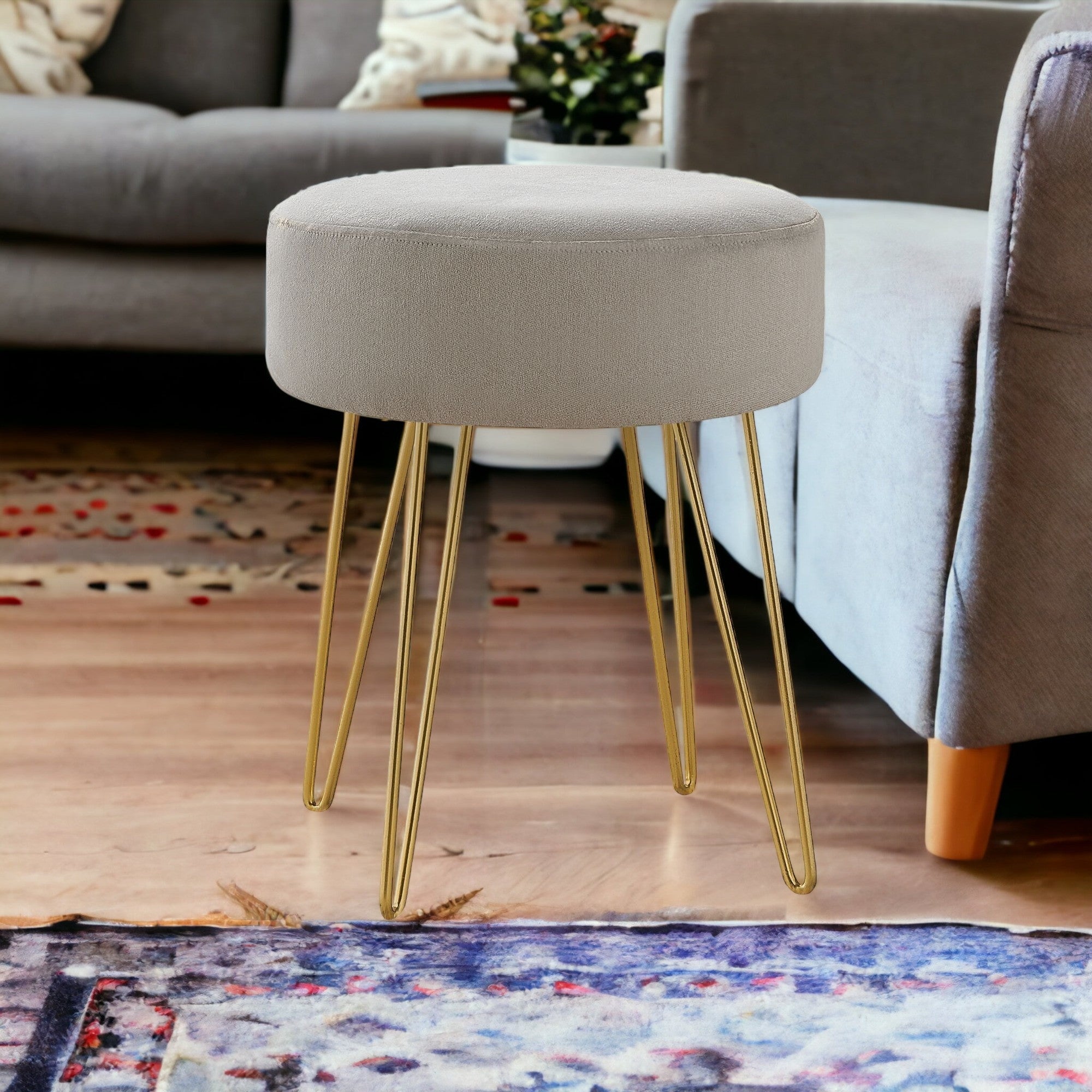 14" Beige Velvet And Gold Round Ottoman