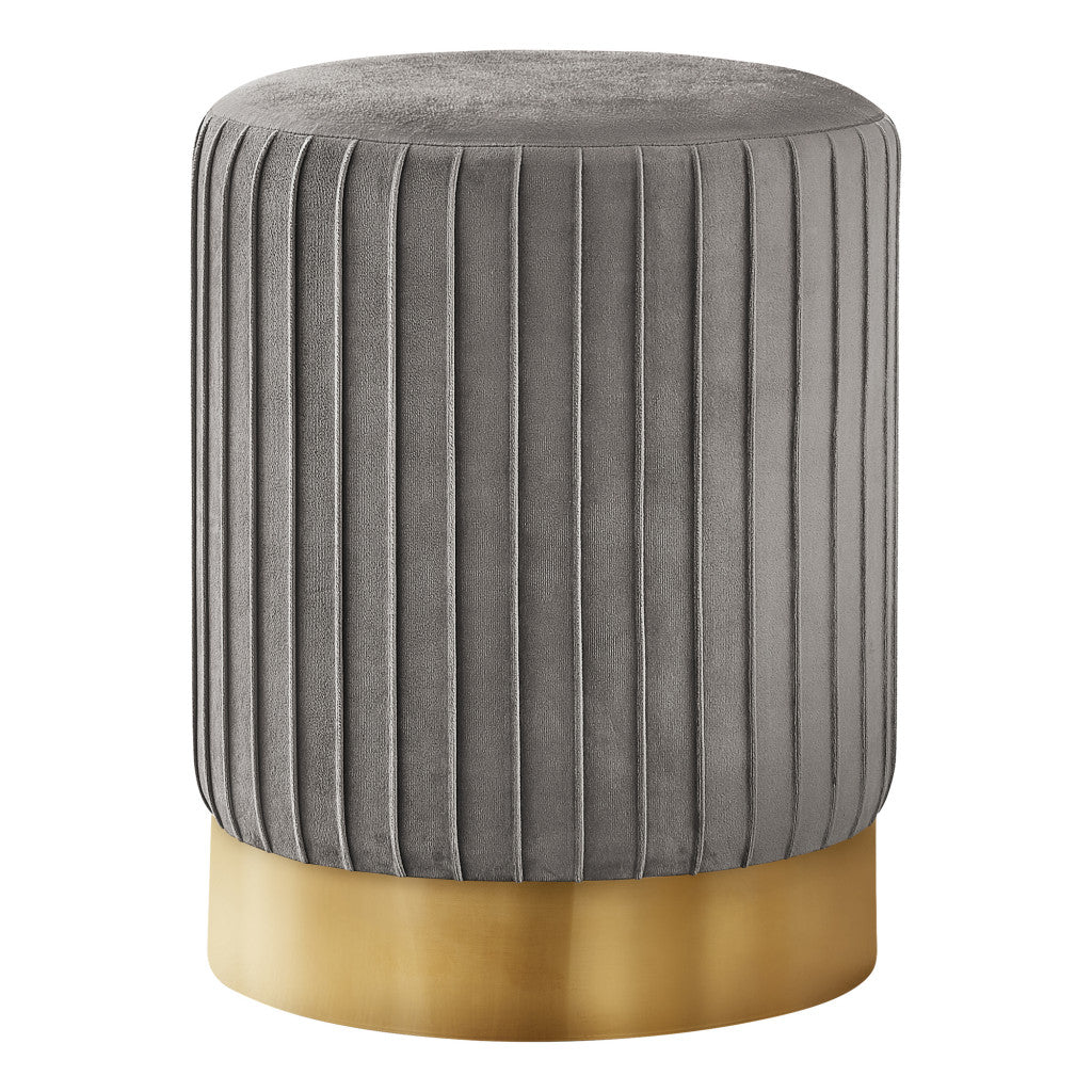 14" Gray Velvet And Gold Round Ottoman