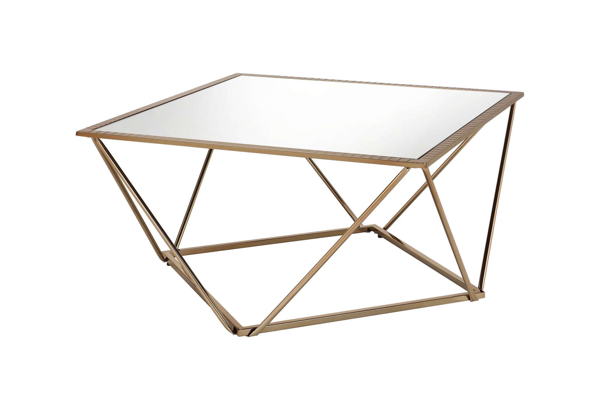 32" Champagne Gold And Mirrored Mirrored And Metal Square Mirrored Coffee Table