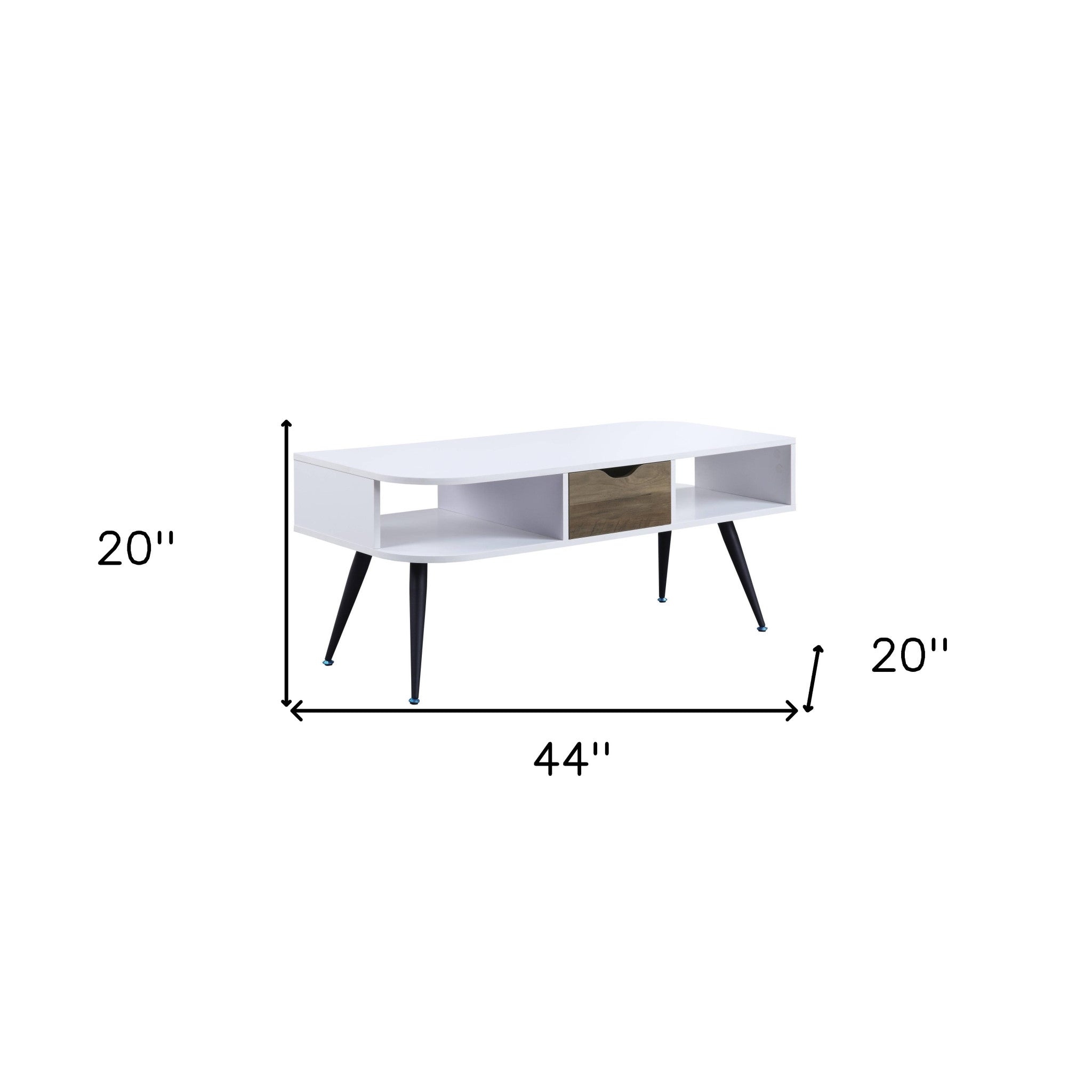 44" Black And White Melamine Veneer And Metal Rectangular Coffee Table With Drawer And Shelf