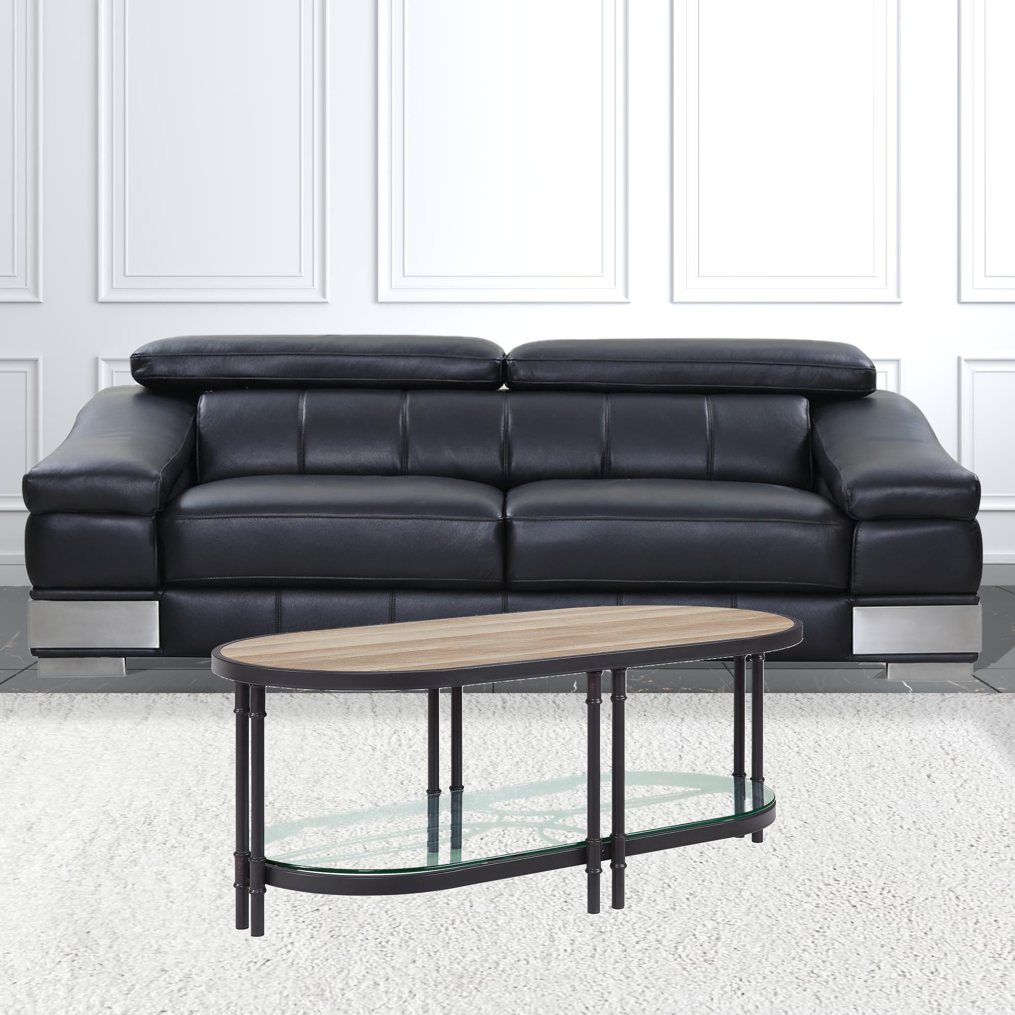 47" Sandy Black And Oak Paper Veneer And Metal Oval Coffee Table With Shelf