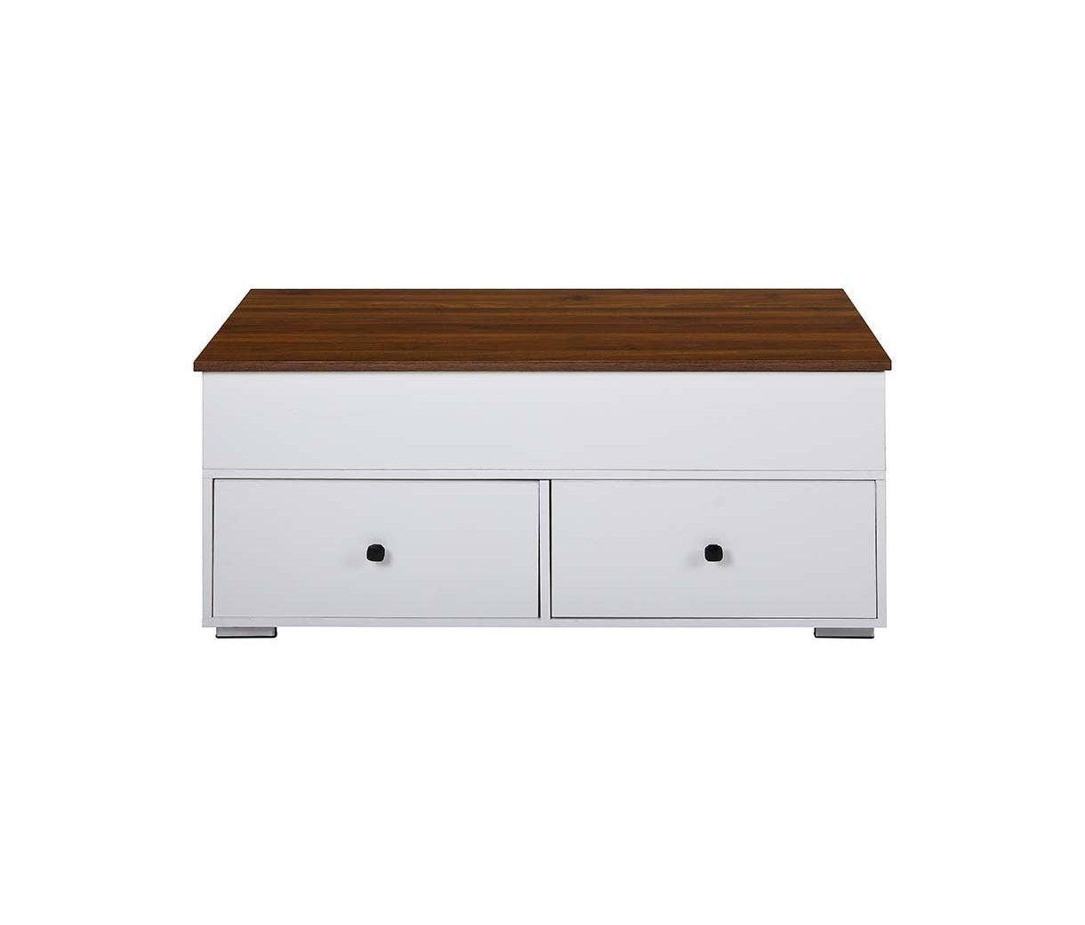 46" White And Walnut Lift Top Coffee Table With Two Drawers And Shelf