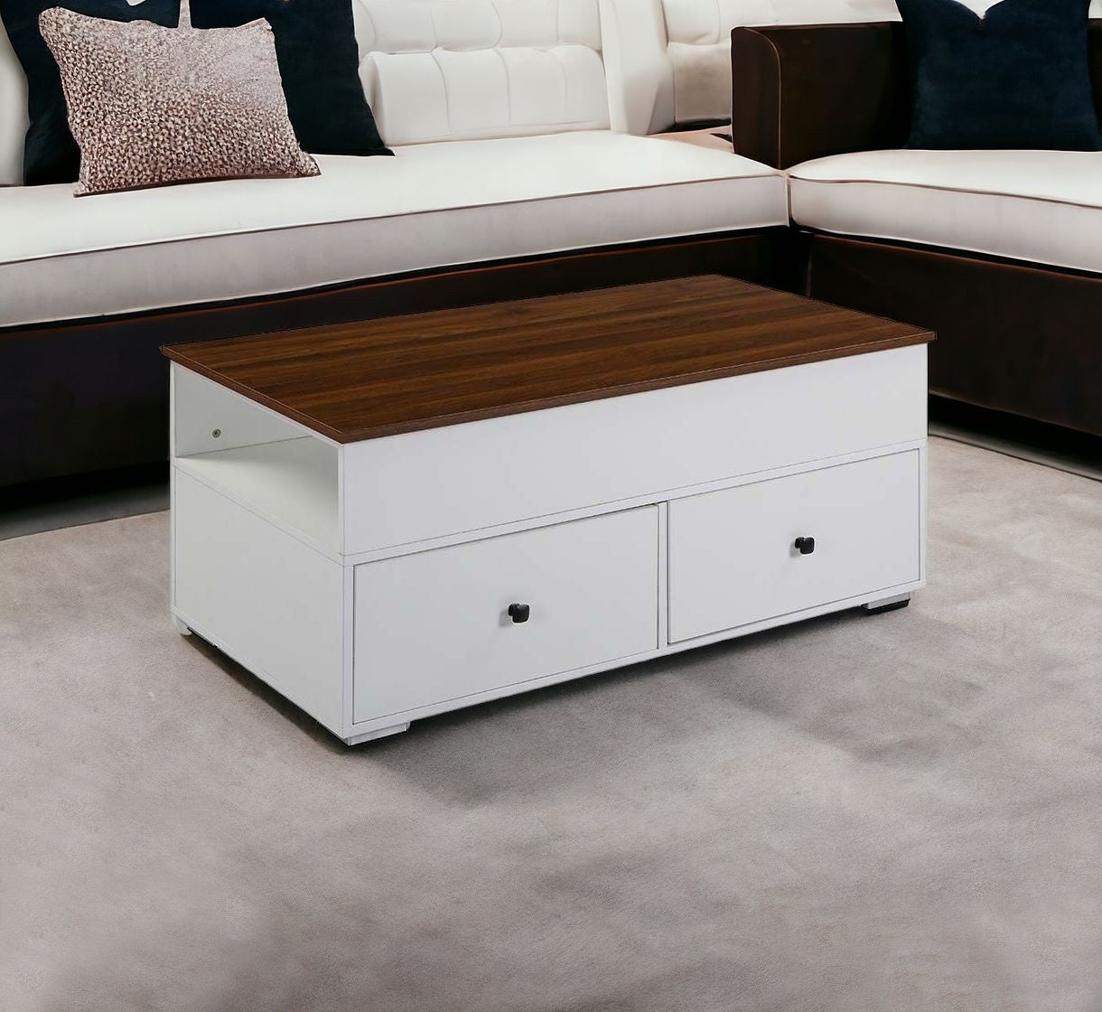 46" White And Walnut Lift Top Coffee Table With Two Drawers And Shelf