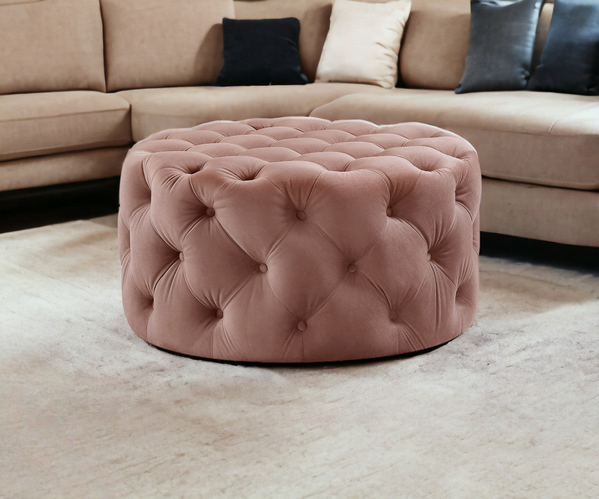 33" Gray Velvet Rolling Tufted Round Cocktail Ottoman