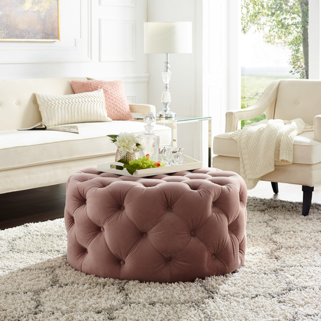 33" Gray Velvet Rolling Tufted Round Cocktail Ottoman