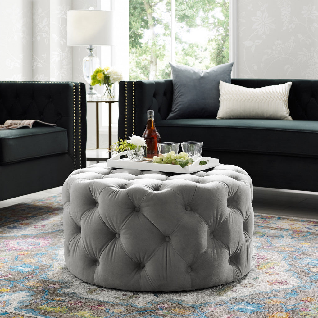 33" Gray Velvet Rolling Tufted Round Cocktail Ottoman