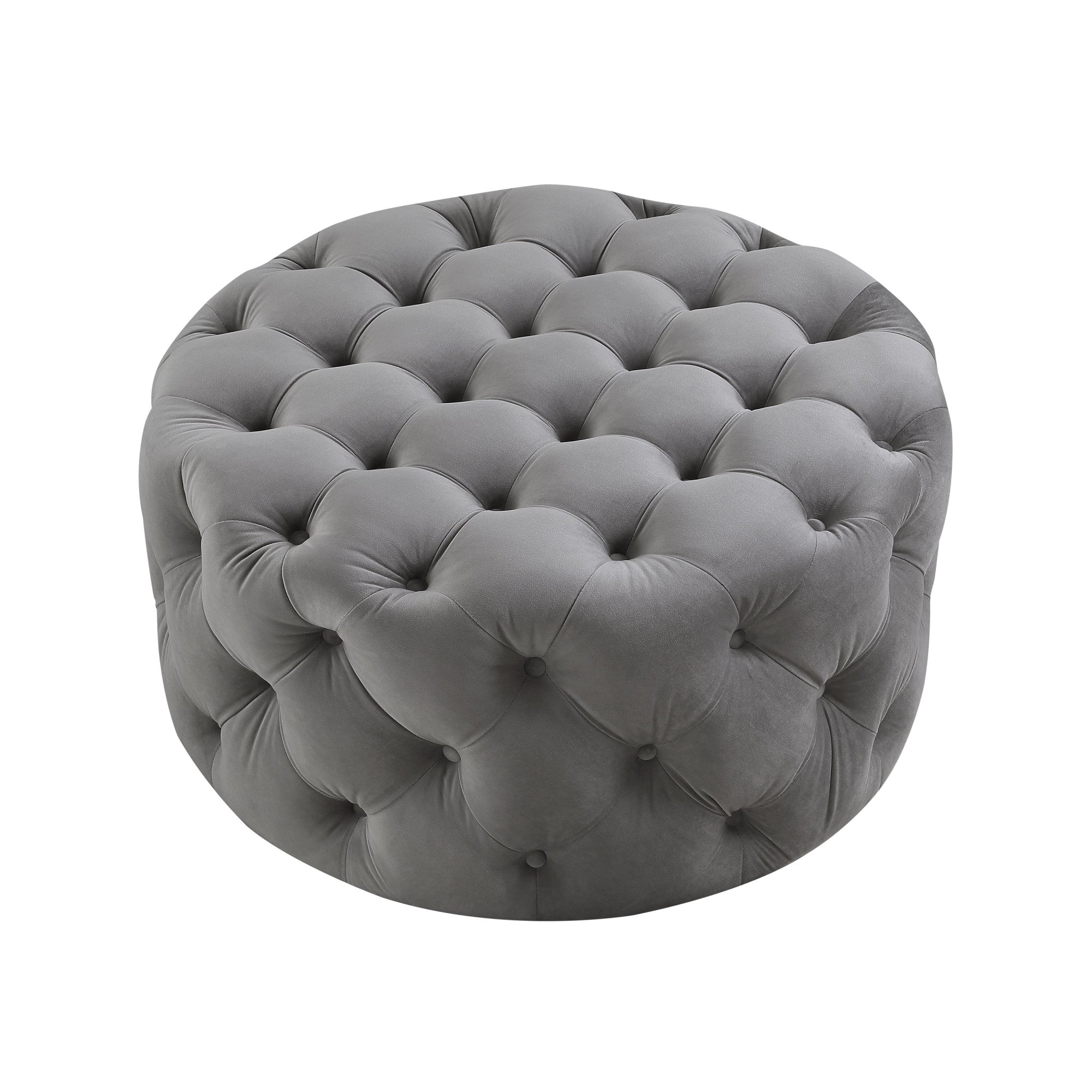 33" Gray Velvet Rolling Tufted Round Cocktail Ottoman