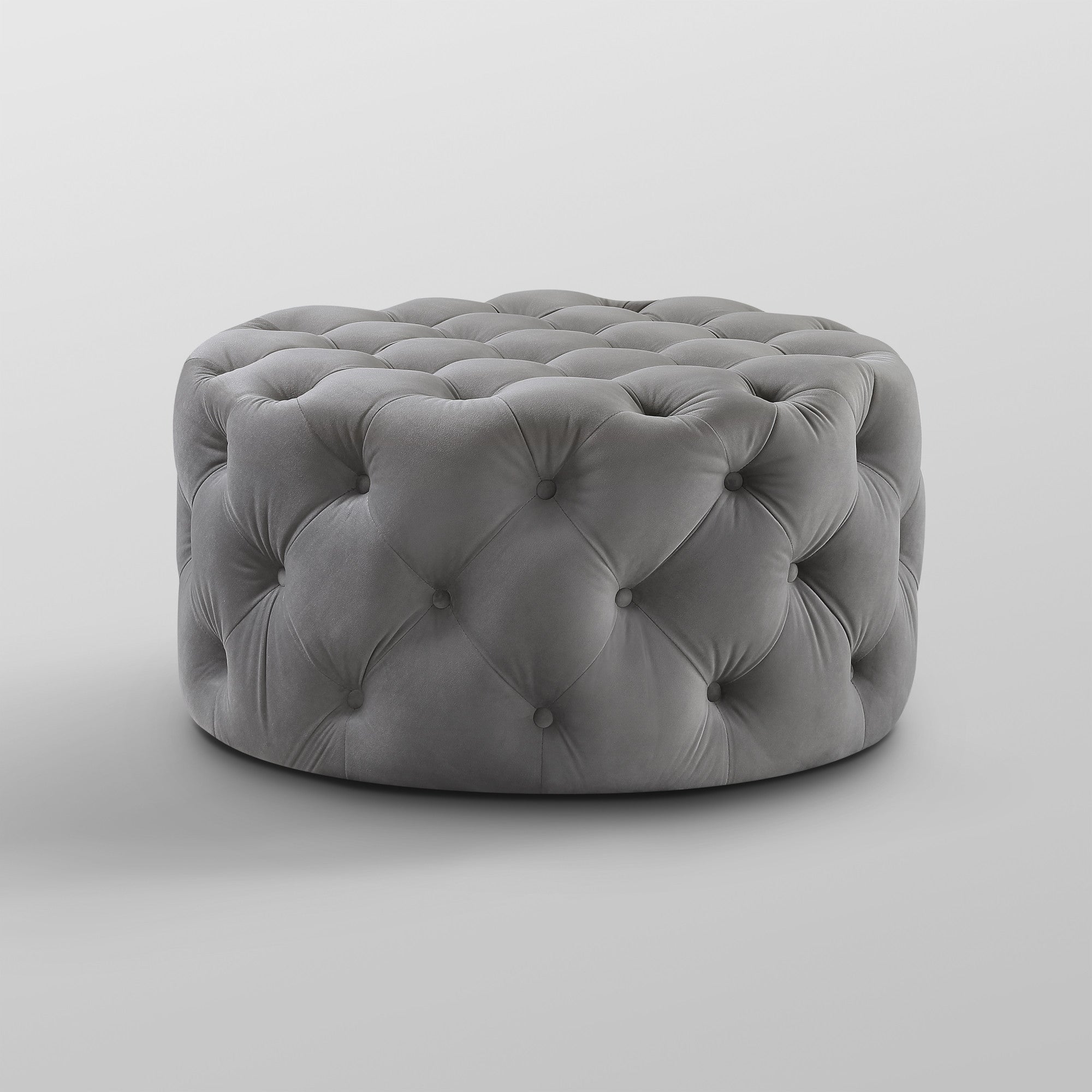 33" Gray Velvet Rolling Tufted Round Cocktail Ottoman