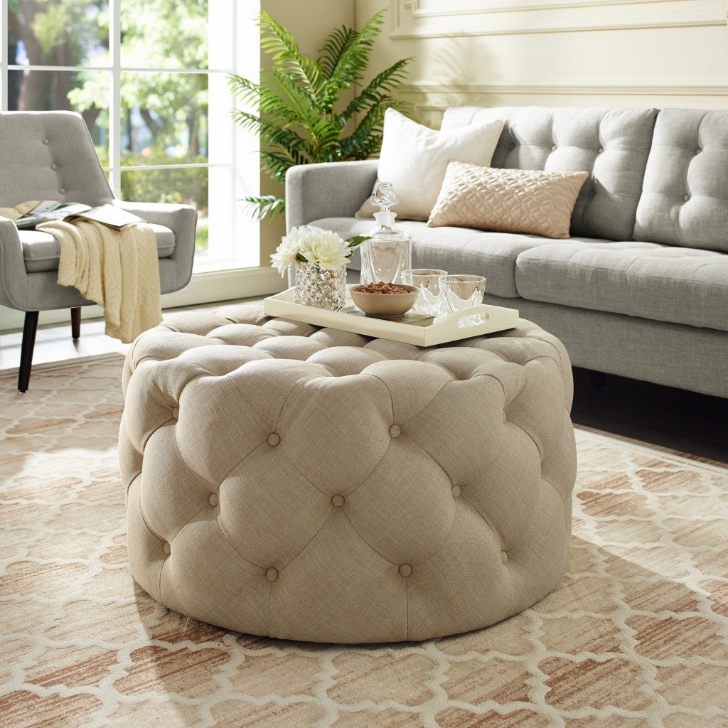 33" Gray Velvet Rolling Tufted Round Cocktail Ottoman