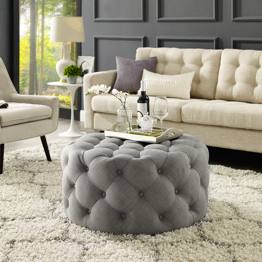 33" Gray Velvet Rolling Tufted Round Cocktail Ottoman