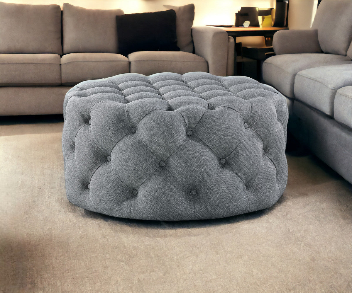 33" Gray Velvet Rolling Tufted Round Cocktail Ottoman