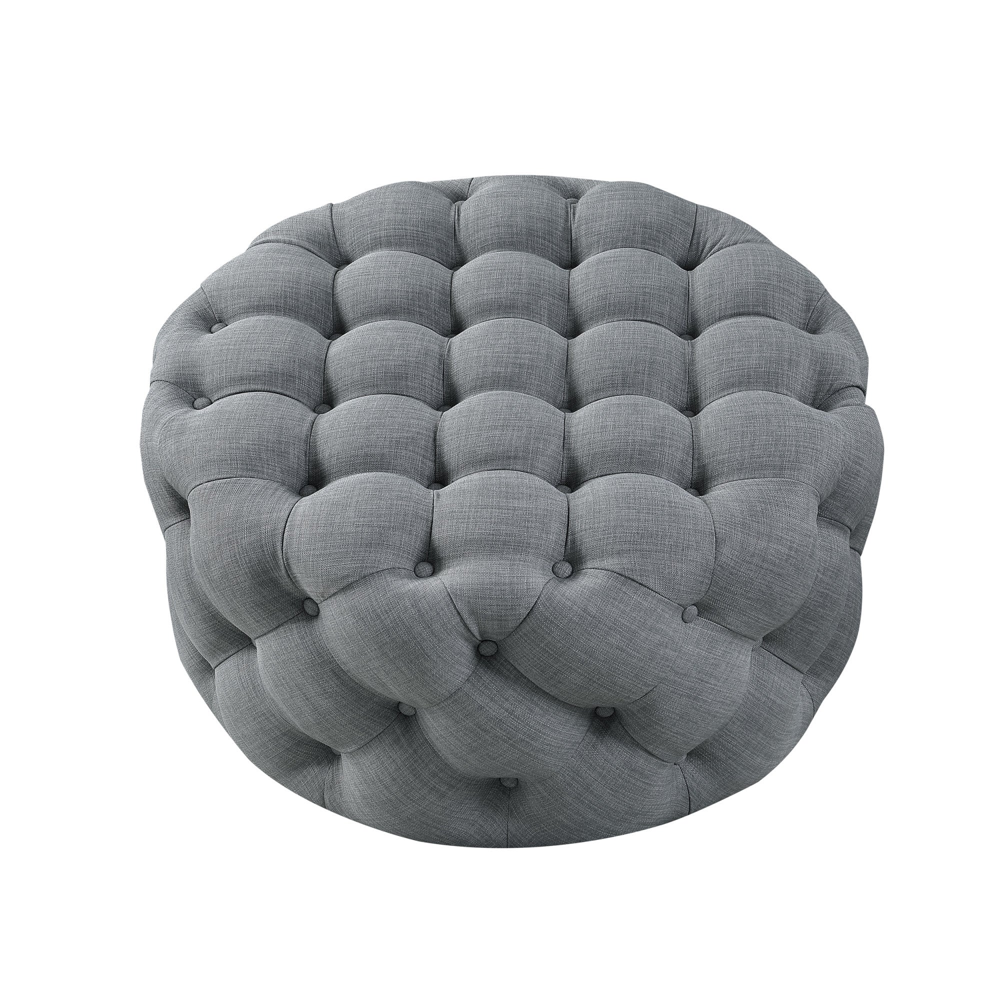 33" Gray Velvet Rolling Tufted Round Cocktail Ottoman