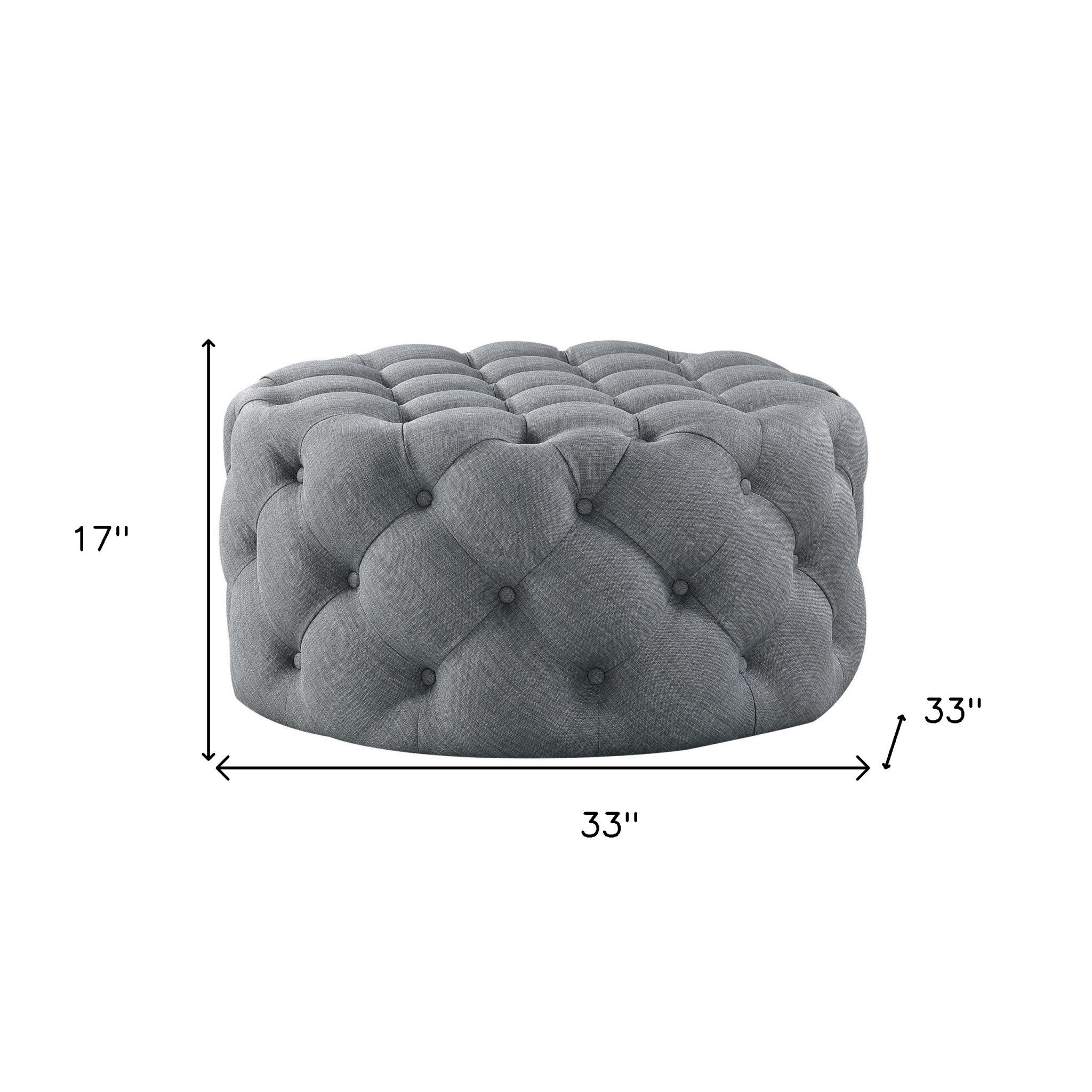 33" Gray Velvet Rolling Tufted Round Cocktail Ottoman