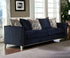 95" Blue Velvet Sofa And Toss Pillows With Silver Legs