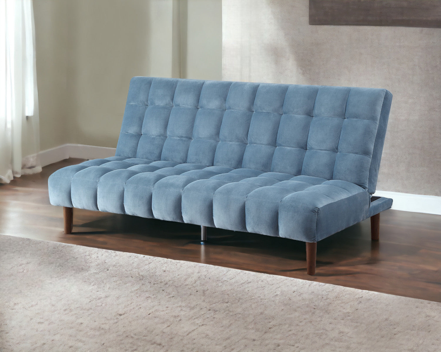 76" Teal Blue Velvet Sleeper Sofa With Wood Brown Legs