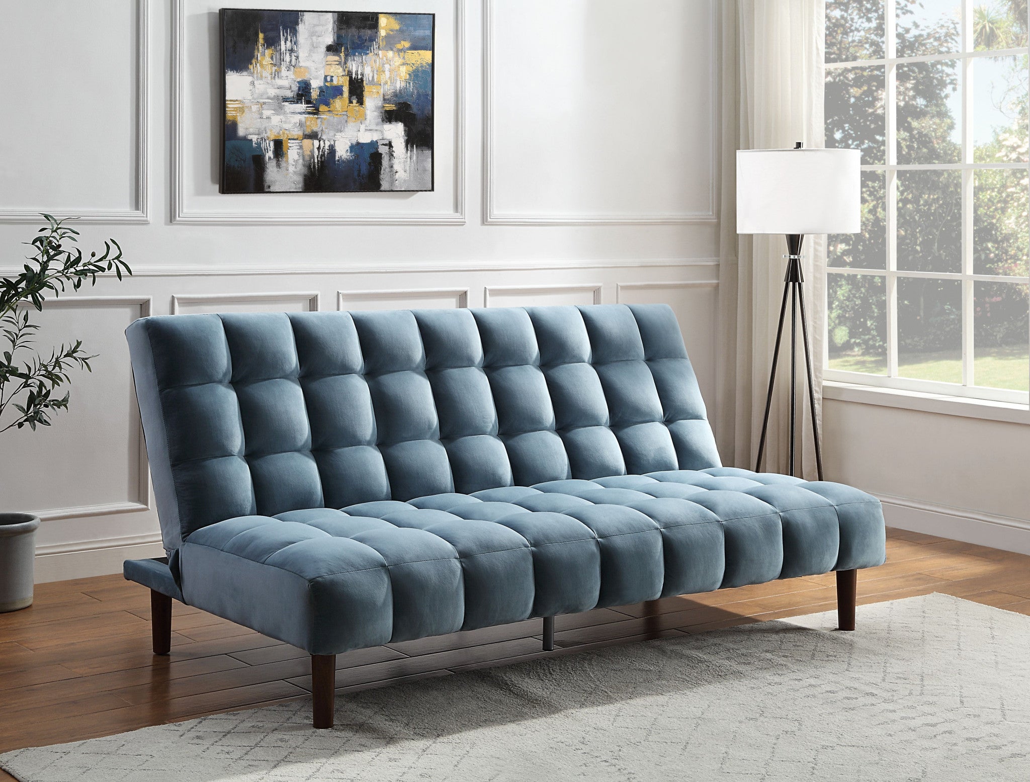 76" Teal Blue Velvet Sleeper Sofa With Wood Brown Legs