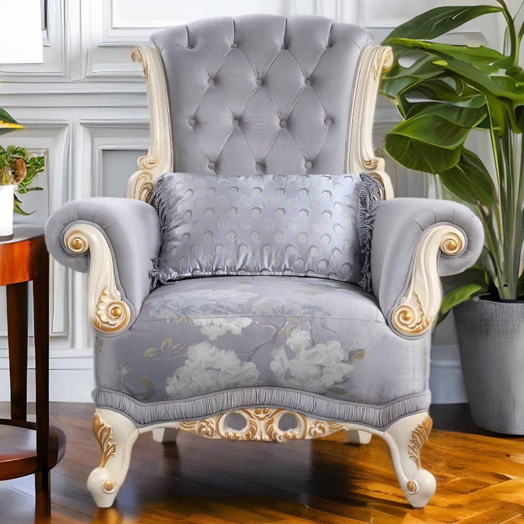 41" Gray Fabric And Black Floral Tufted Arm Chair