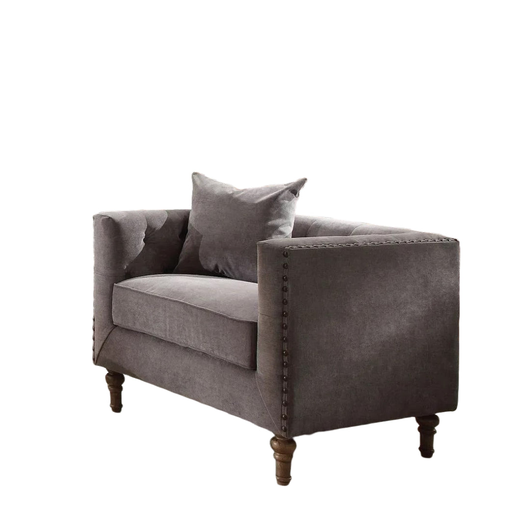 41" Gray And Brown Velvet Tufted Arm Chair
