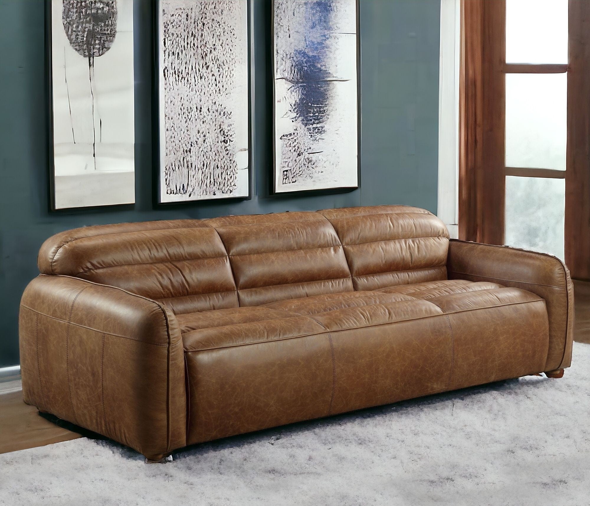 95" Dark Brown Top Grain Leather Sofa With Black Legs