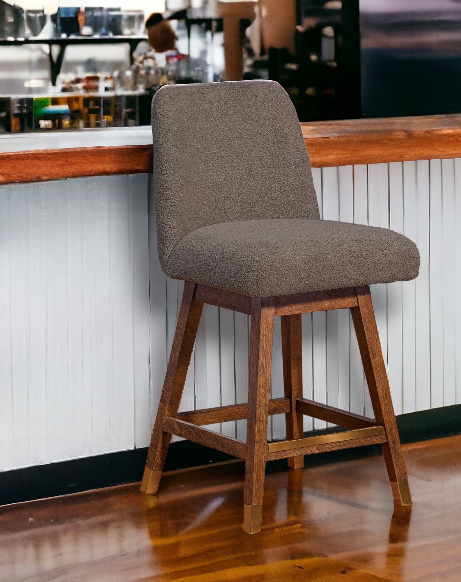 26" Taupe And Brown Solid Wood Swivel Bar Chair