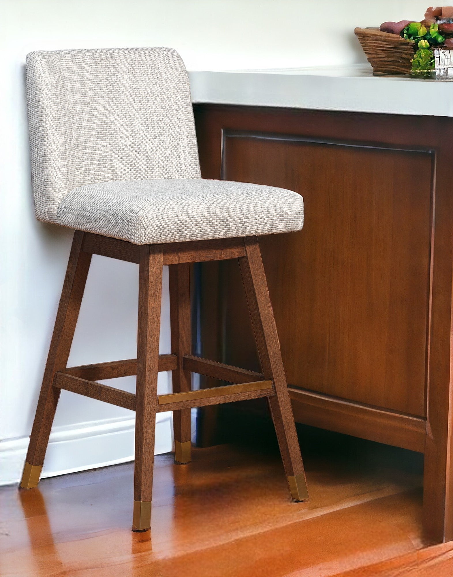 30" Beige And Brown Solid Wood Swivel Bar Chair