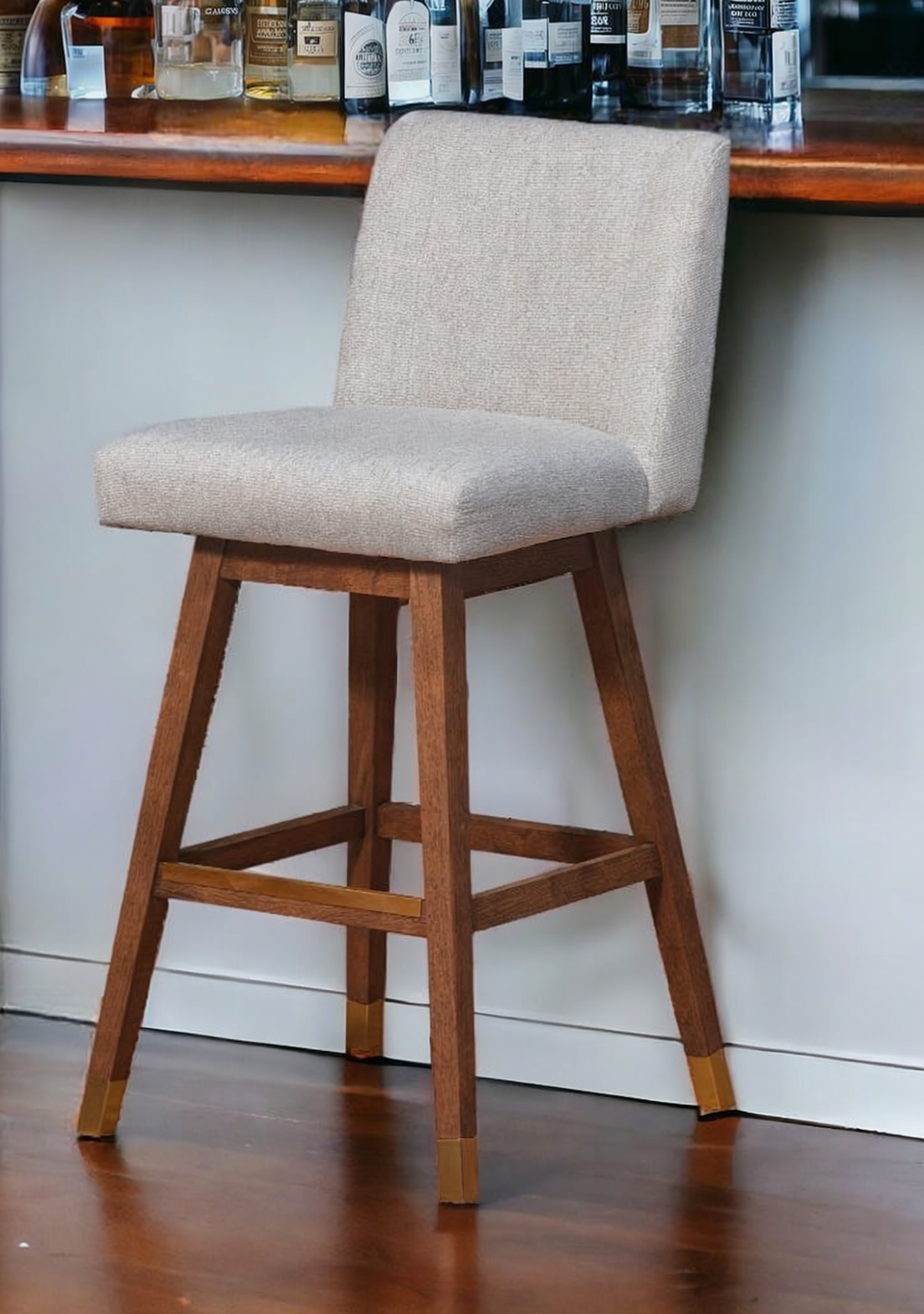 30" Taupe And Brown Solid Wood Swivel Bar Chair