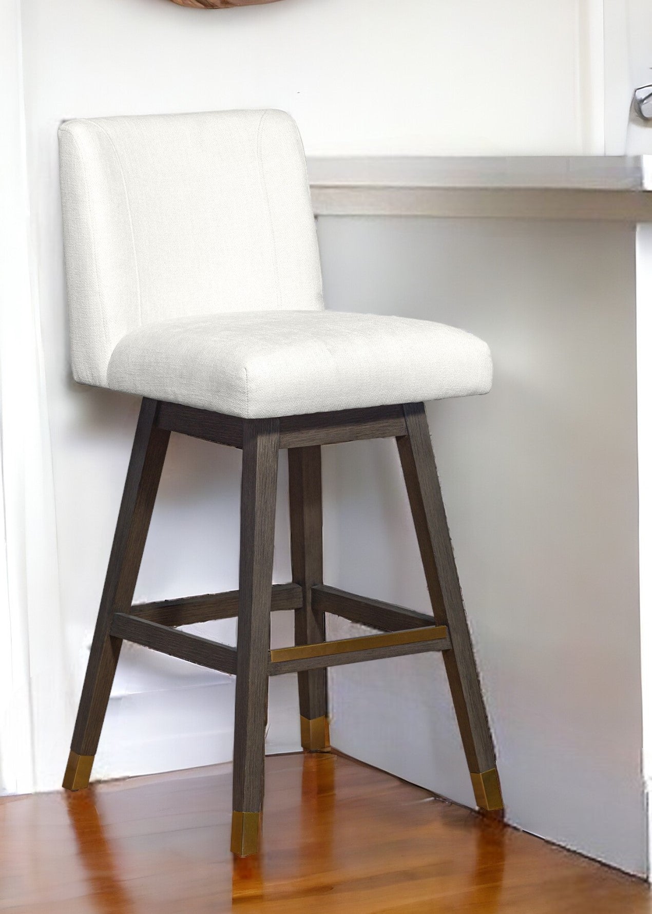 30" Pearl And Gray Solid Wood Swivel Bar Chair